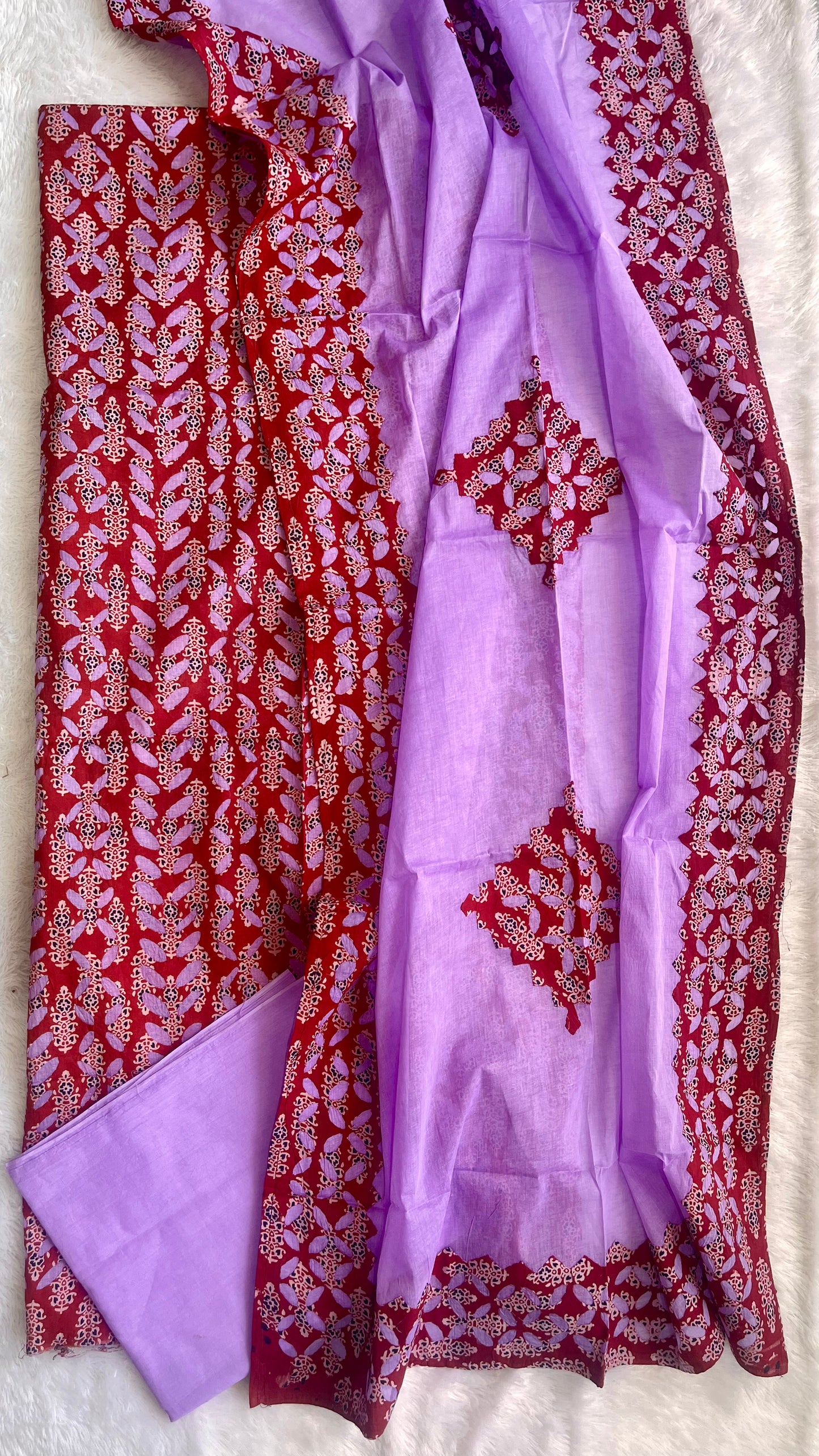Purple and Red Barmer Applique Cut Work Cotton Suit Material Set