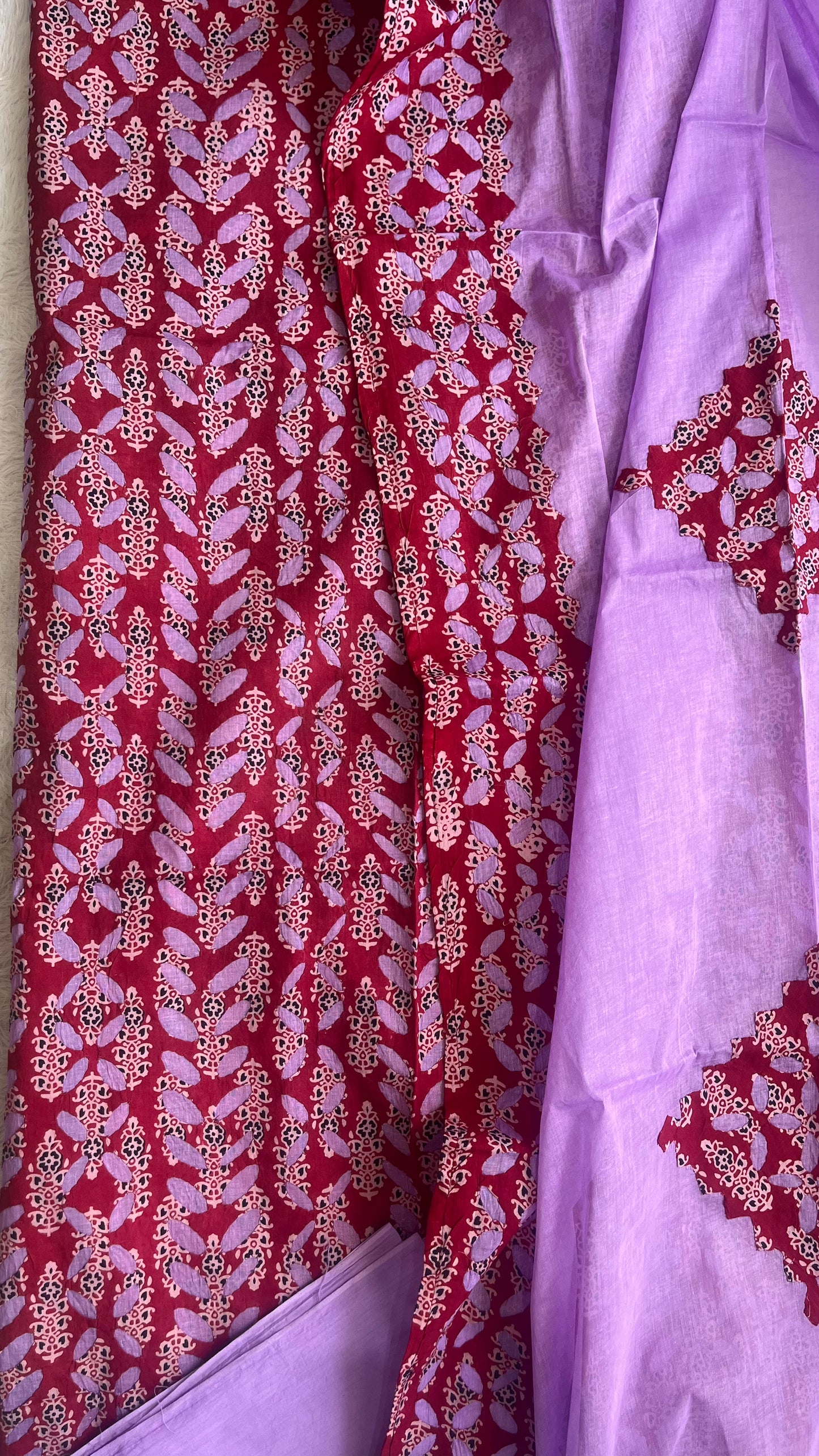 Purple and Red Barmer Applique Cut Work Cotton Suit Material Set