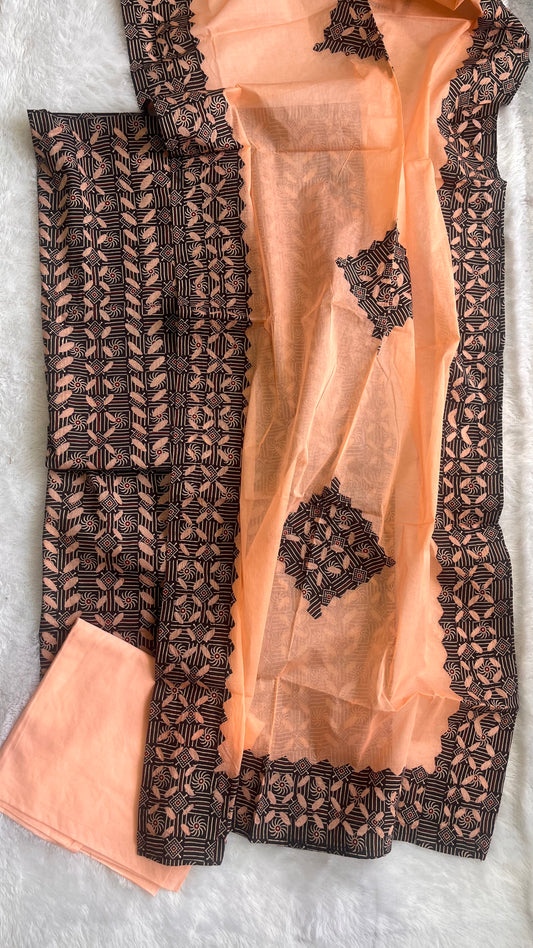 Light Peach and Black Barmer Applique Cut Work Cotton Suit Material Set