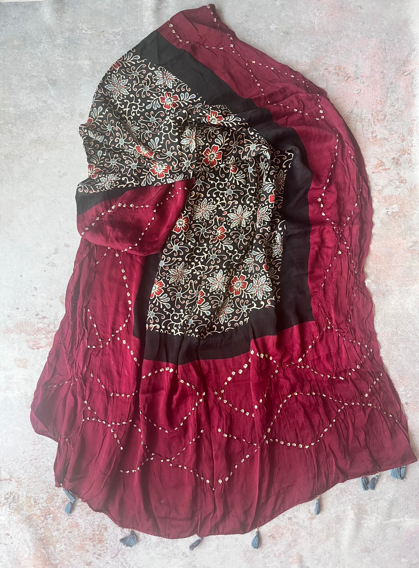 Black and Maroon Modal Silk Bandhani Ajrakh Dupatta