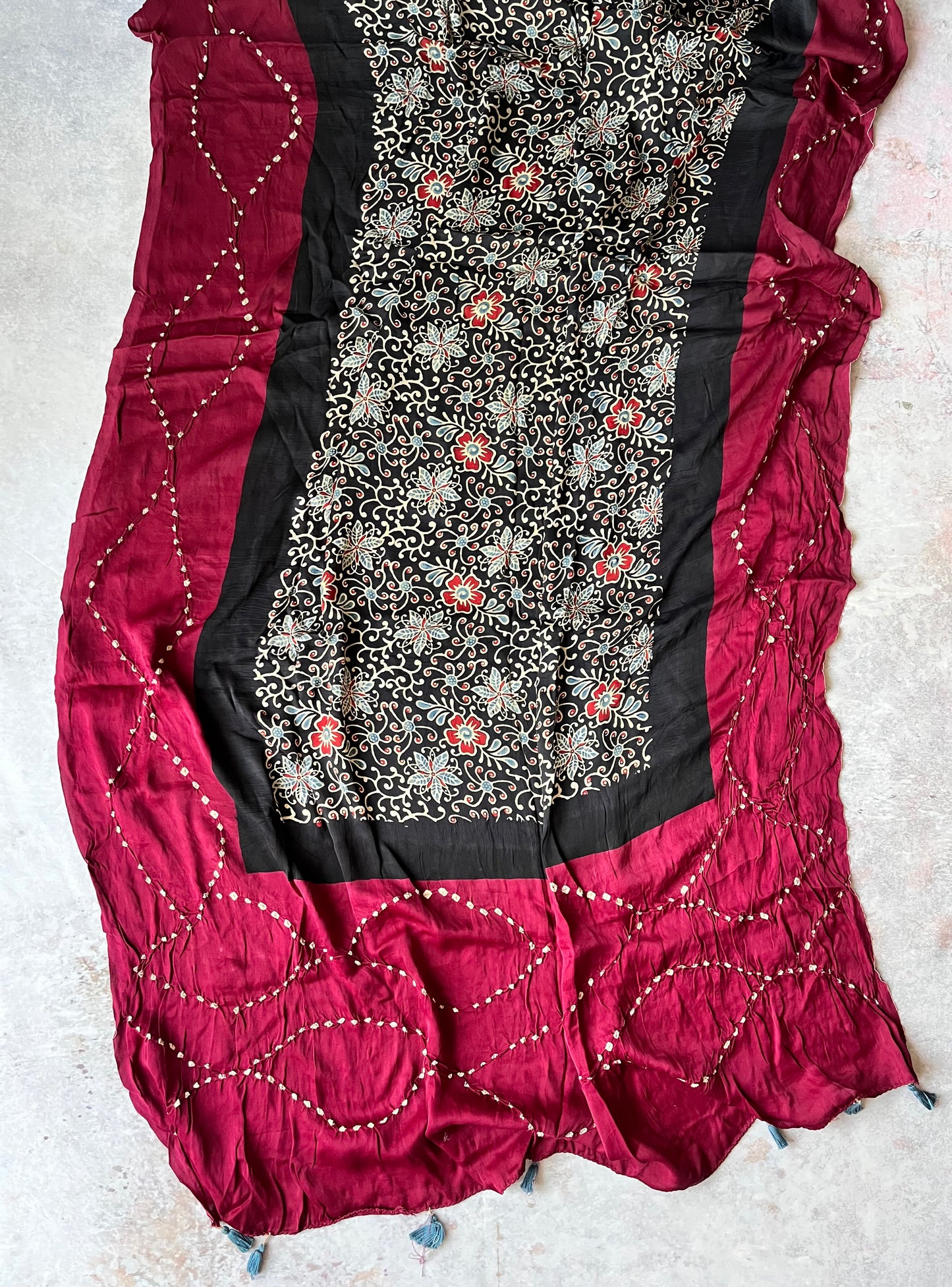 Black and Maroon Modal Silk Bandhani Ajrakh Dupatta