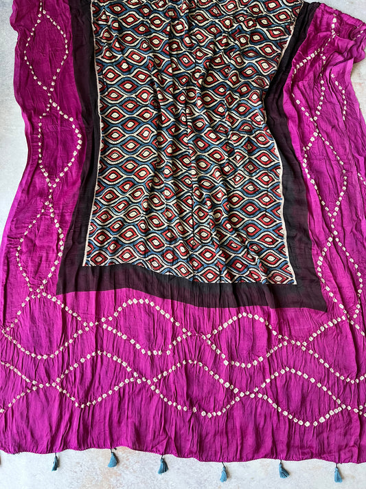 Multicolour and Magenta Modal Silk Bandhani Ajrakh Dupatta