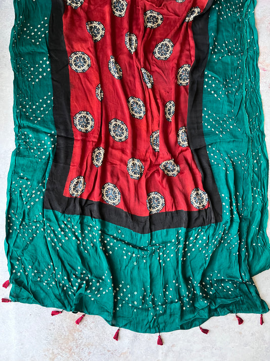 Red and Green Gol Motif Modal Silk Bandhani Ajrakh Dupatta