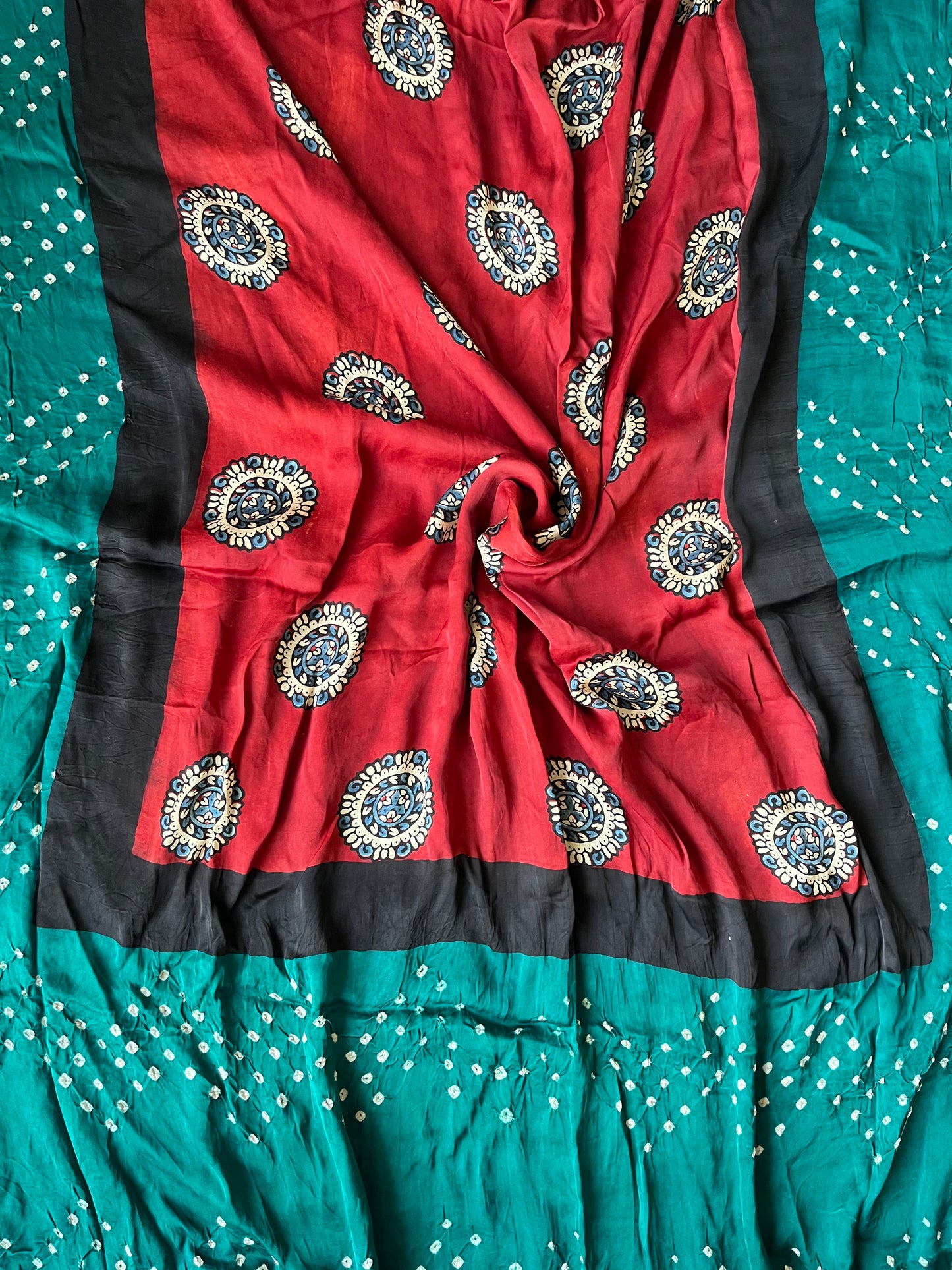 Red and Green Gol Motif Modal Silk Bandhani Ajrakh Dupatta