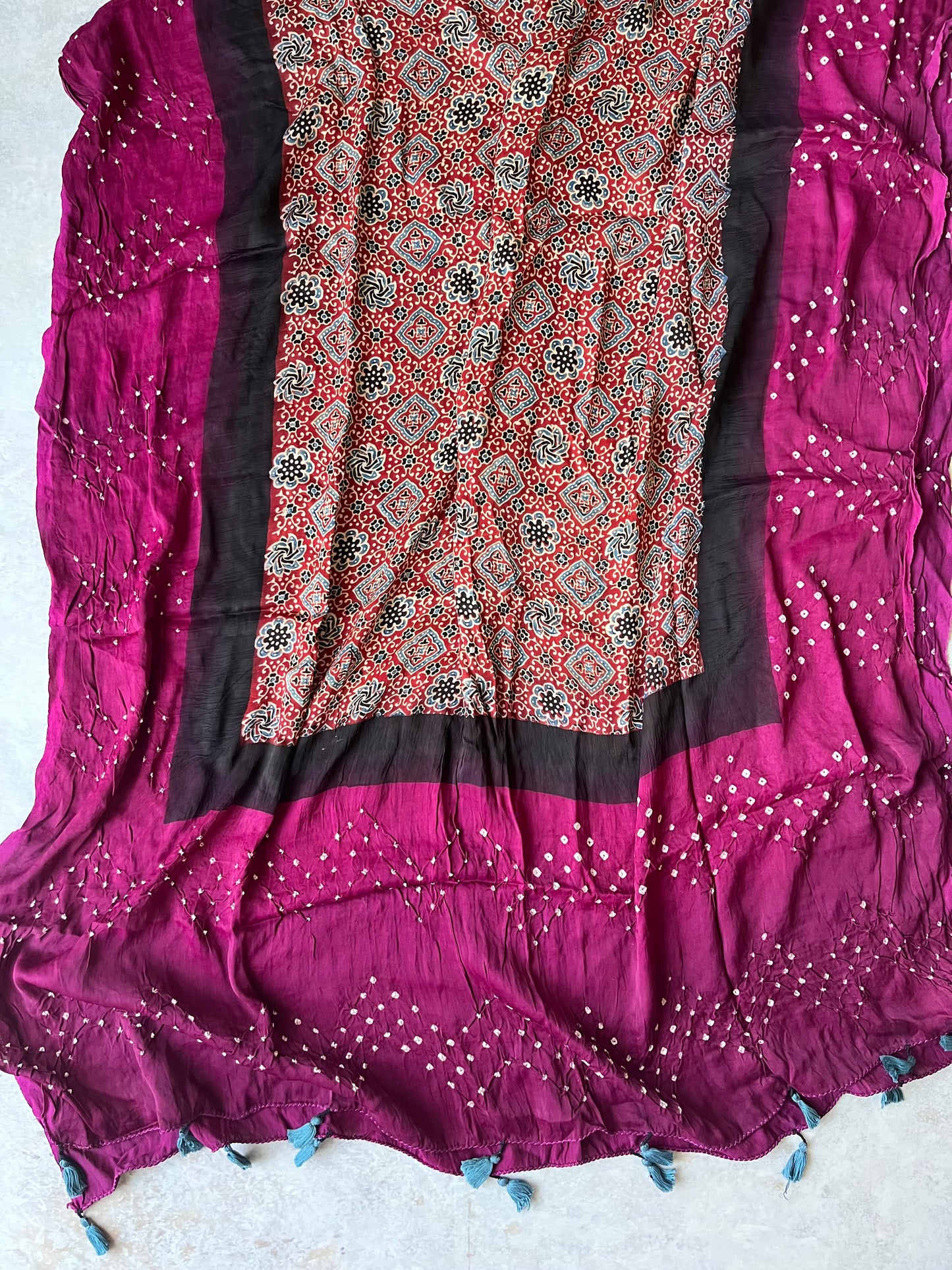 Red and magenta Pink Modal Silk Bandhani Ajrakh Dupatta