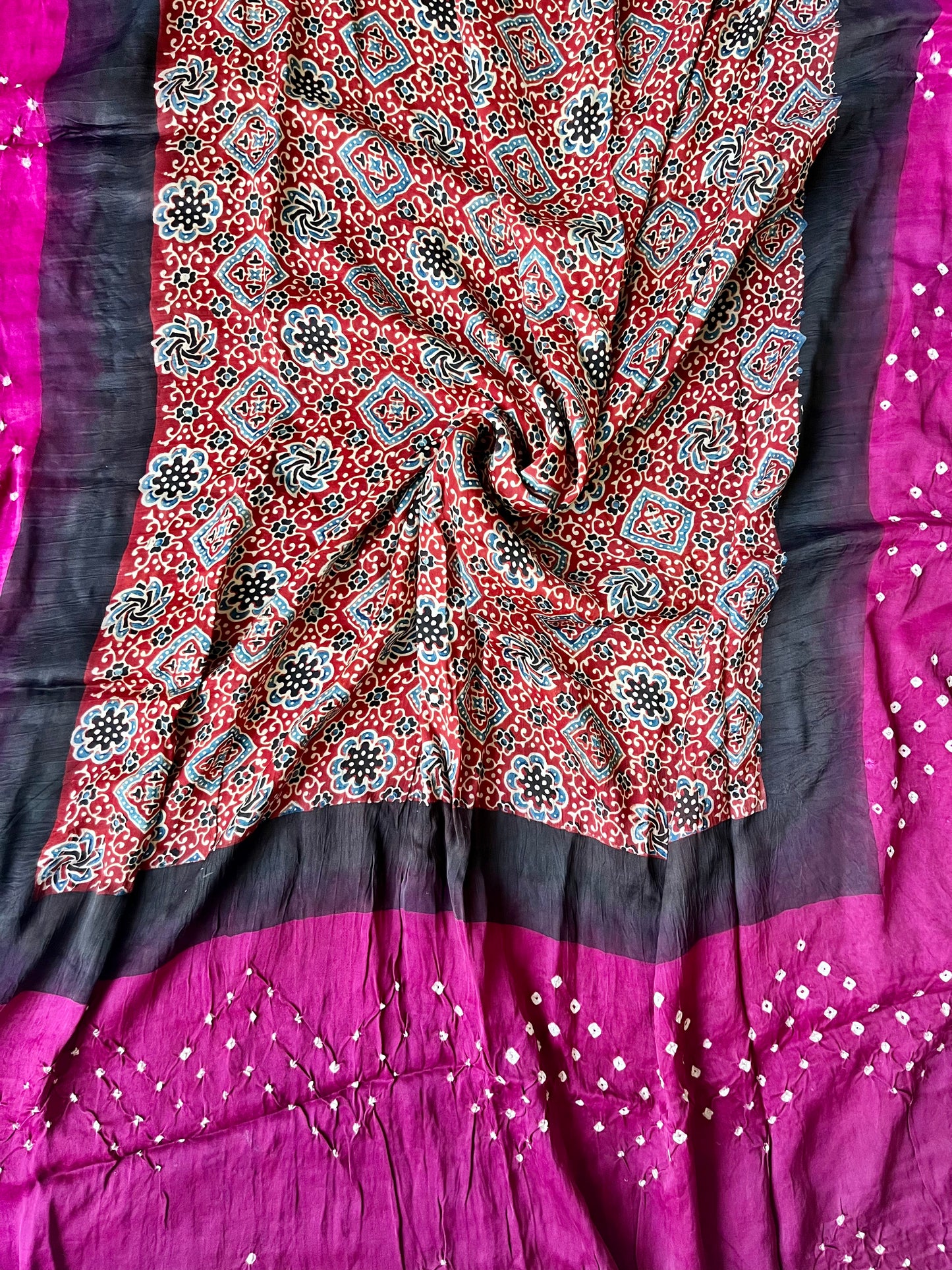 Red and magenta Pink Modal Silk Bandhani Ajrakh Dupatta