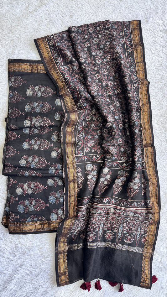 Black Floral Motif Hand Block Ajrakh Printed Maheshwari Silk Cotton 2 Piece Suit Set