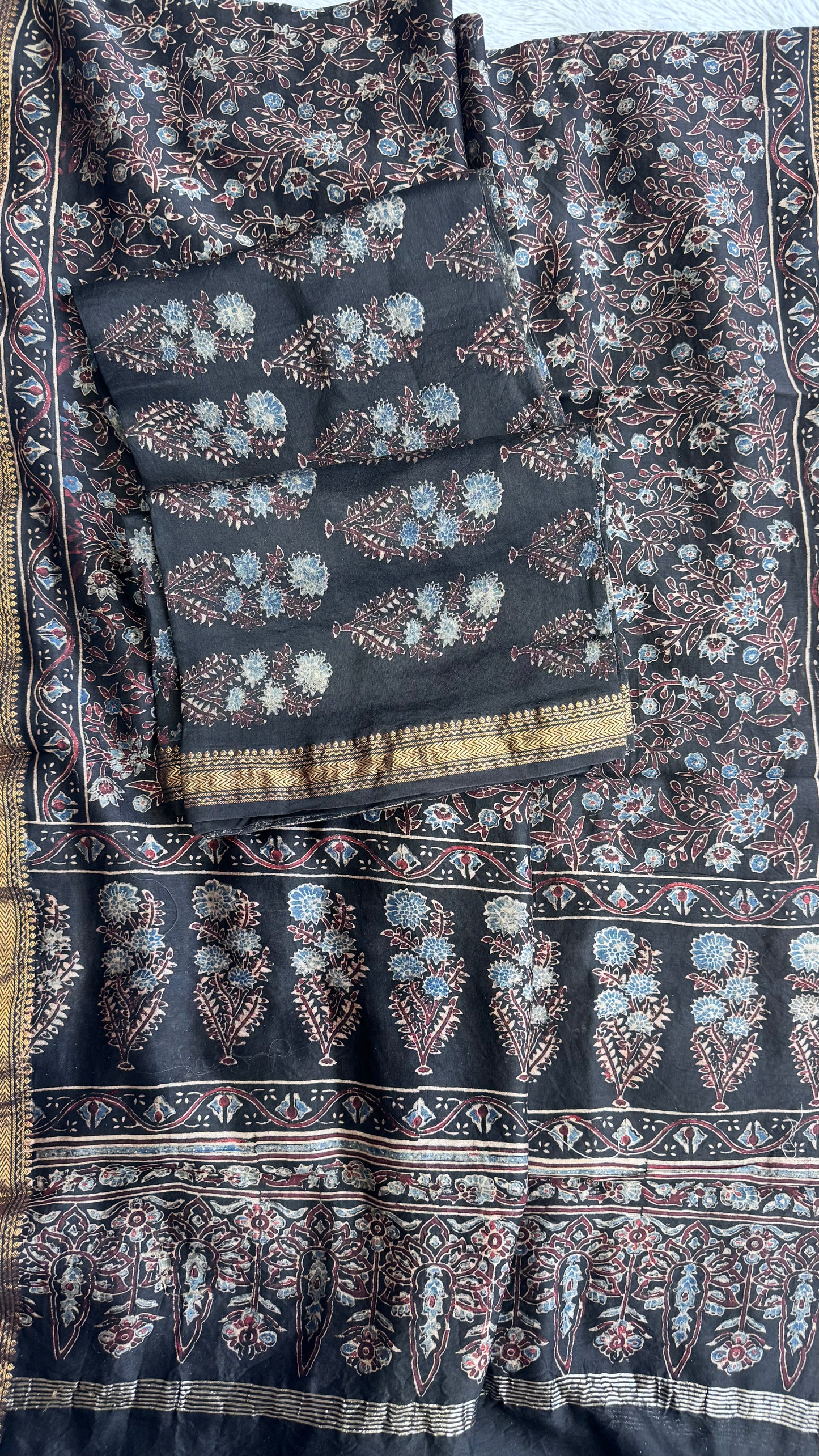 Black Floral Motif Hand Block Ajrakh Printed Maheshwari Silk Cotton 2 Piece Suit Set