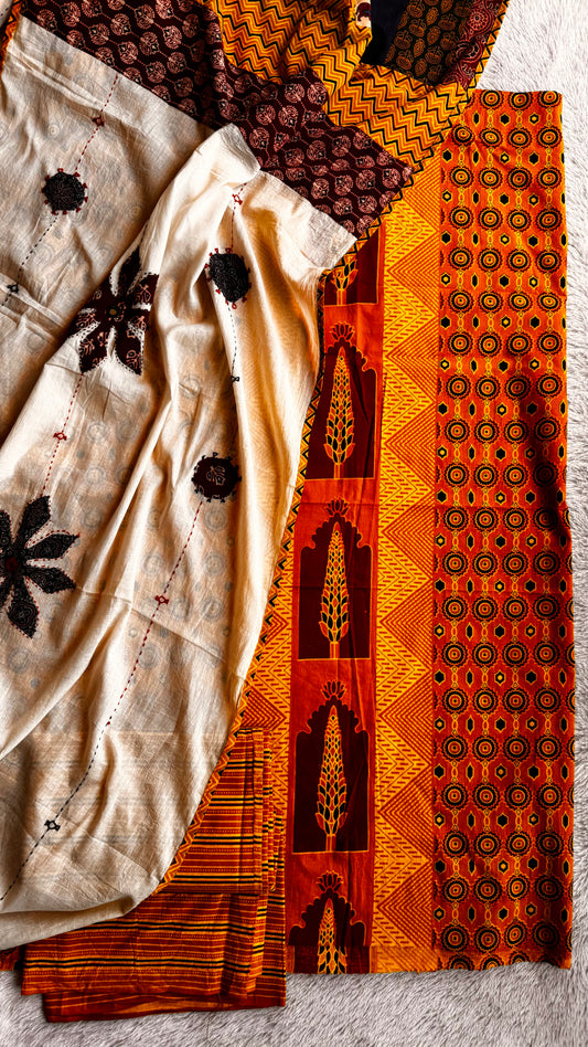 Offwhite and Haldi Jarokha Motif Unstitched Handloom Cotton Dress Material with Cotton Applique Work Dupatta