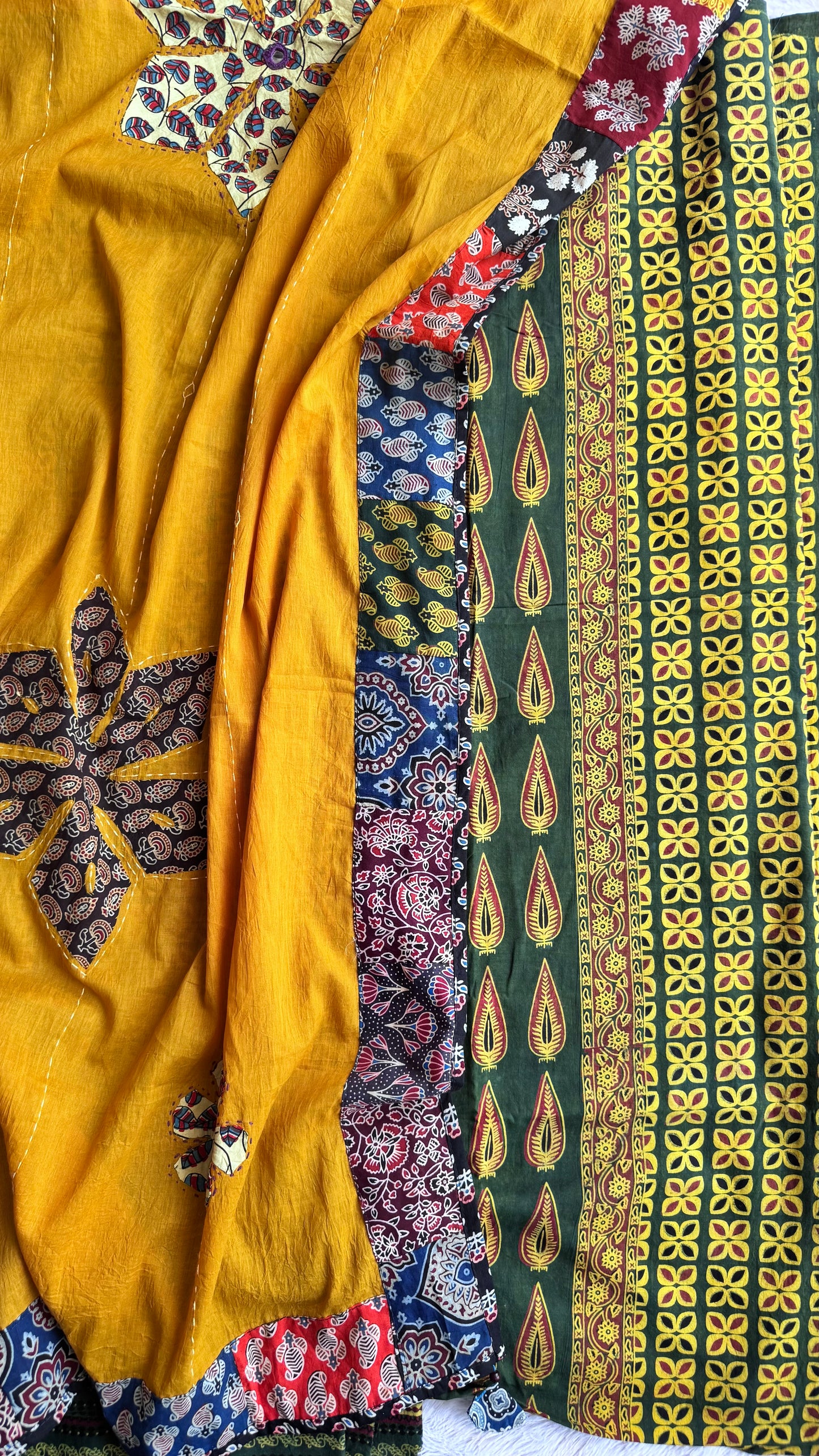 Green and Haldi Flower Motif Unstitched Handloom Cotton Dress Material with Cotton Applique Work Dupatta