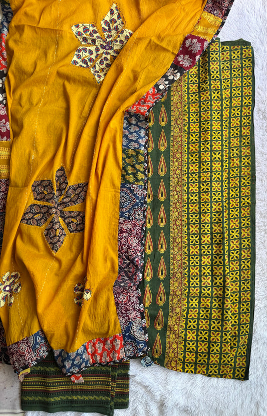 Green Ajrakh Pure Cotton Suit Set with Asopallav Motif and Mustard Mirror Work Cotton Dupatta