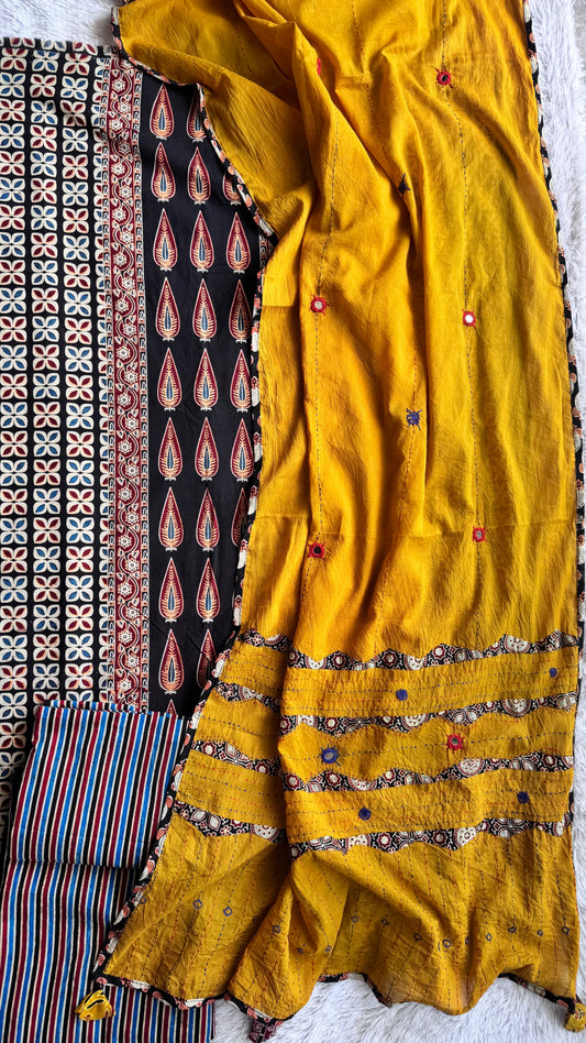 Black and Haldi Asopallav Motif Unstitched Handloom Cotton Dress Material with Cotton Applique Work Dupatta