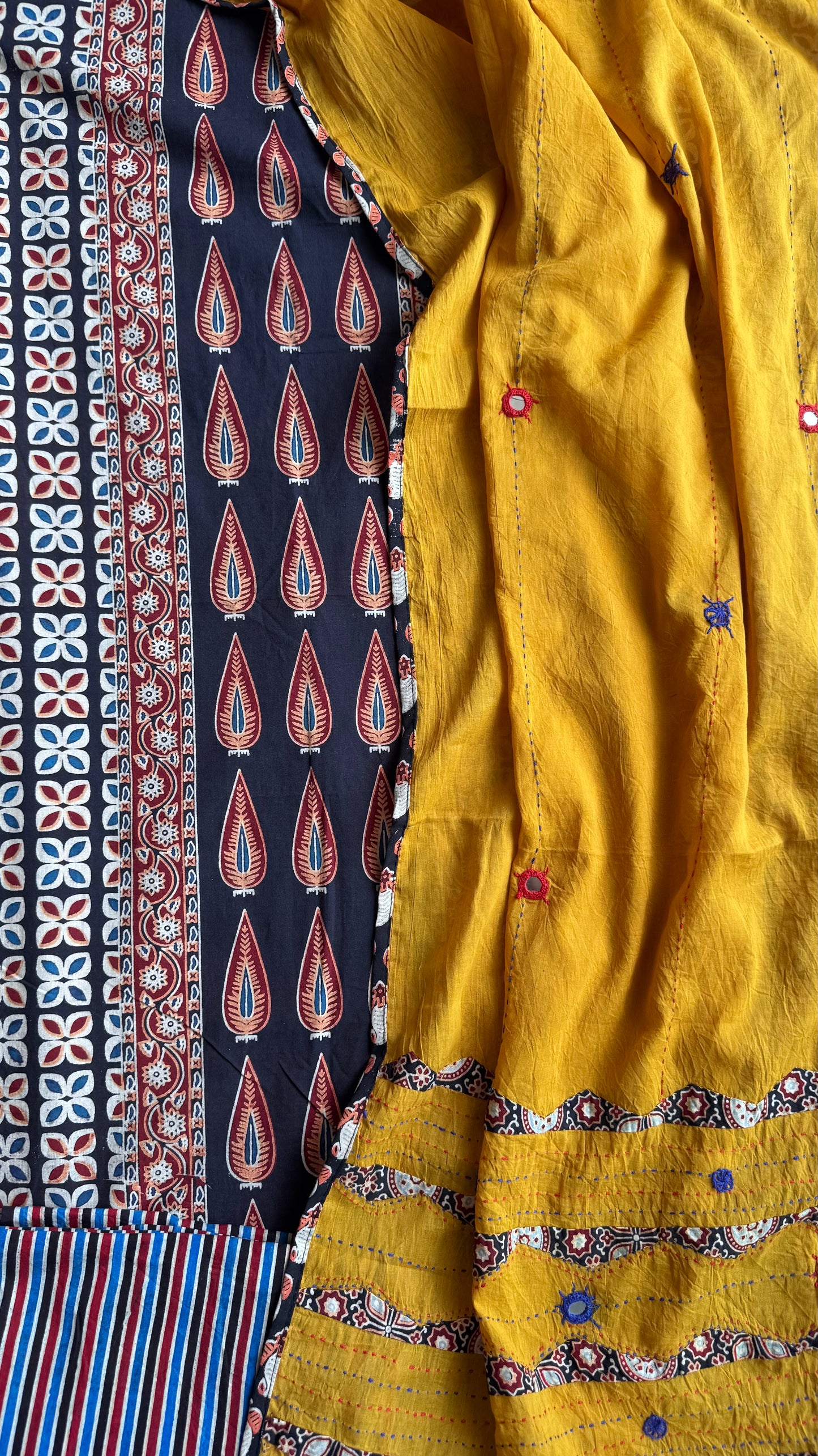 Black and Haldi Asopallav Motif Unstitched Handloom Cotton Dress Material with Cotton Applique Work Dupatta