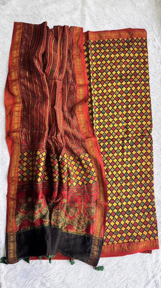 Red Dhari HoneyComb Motif Hand Block Ajrakh Printed Maheshwari Silk Cotton 2 Piece Suit Set