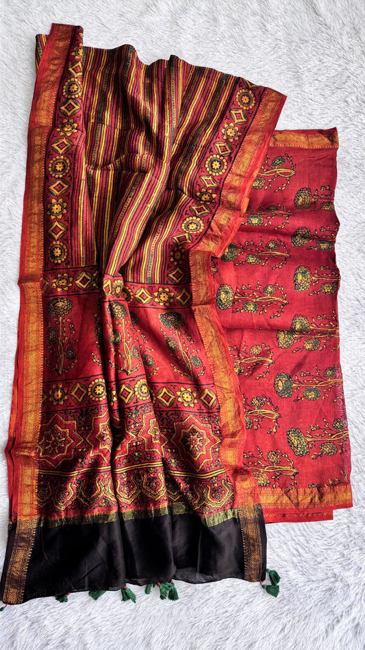 Brick Red Floral Strips Motif Hand Block Ajrakh Printed Maheshwari Silk Cotton 2 Piece Suit Set