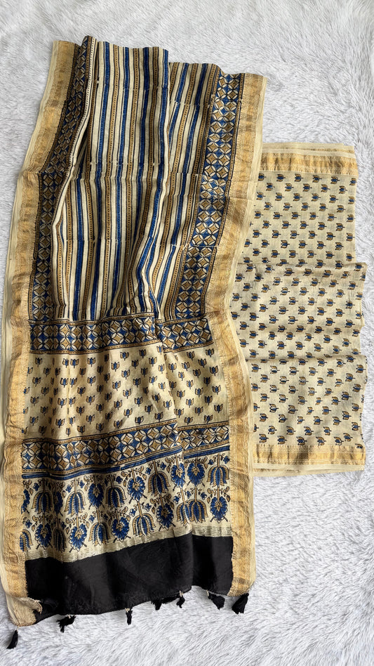 Offwhite Kamal Boota Strips Motif Hand Block Ajrakh Printed Maheshwari Silk Cotton 2 Piece Suit Set