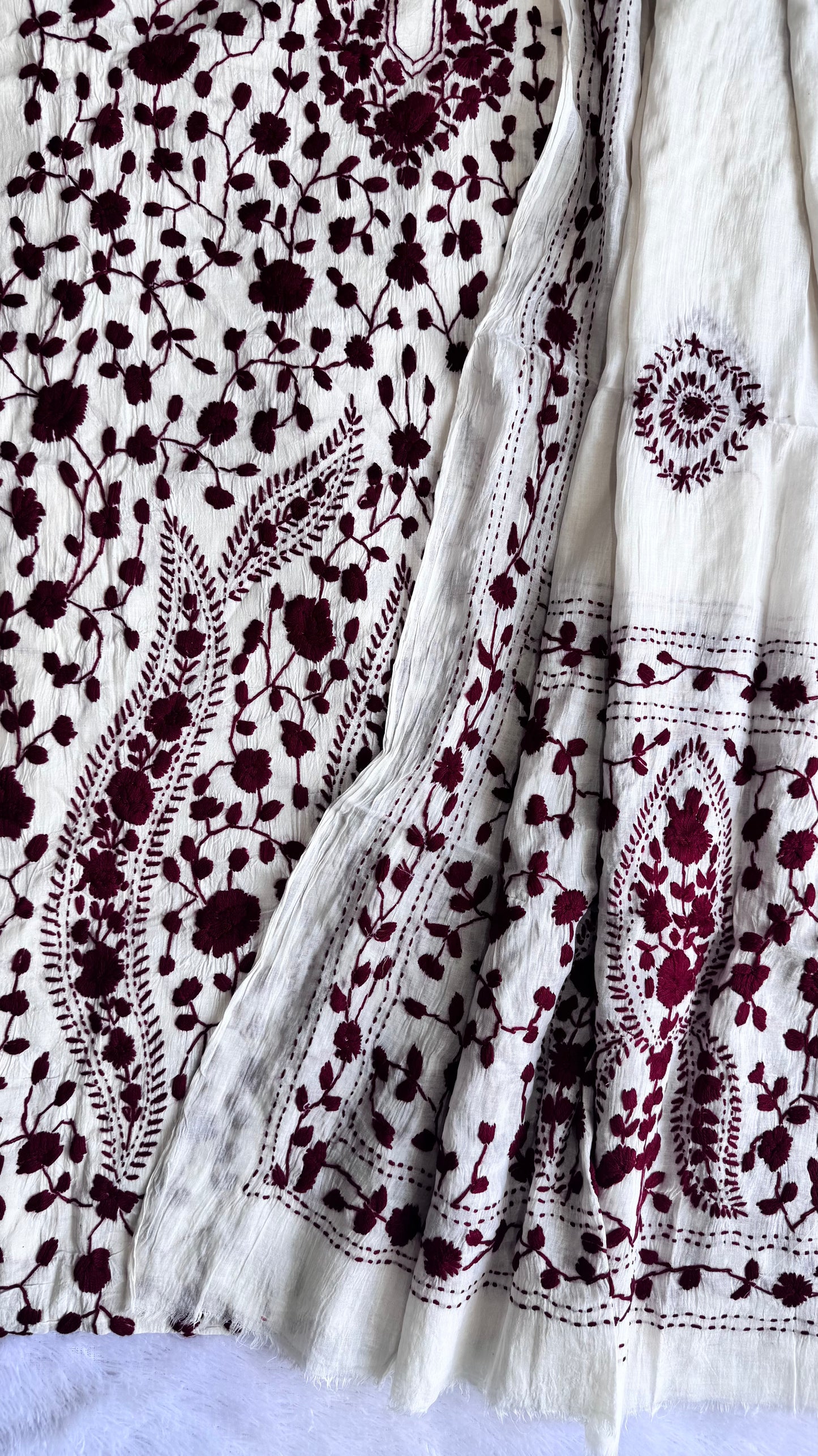 White Pure Mul Cotton 3-Piece Unstitched Suit Set with Maroon Kantha Embroidery