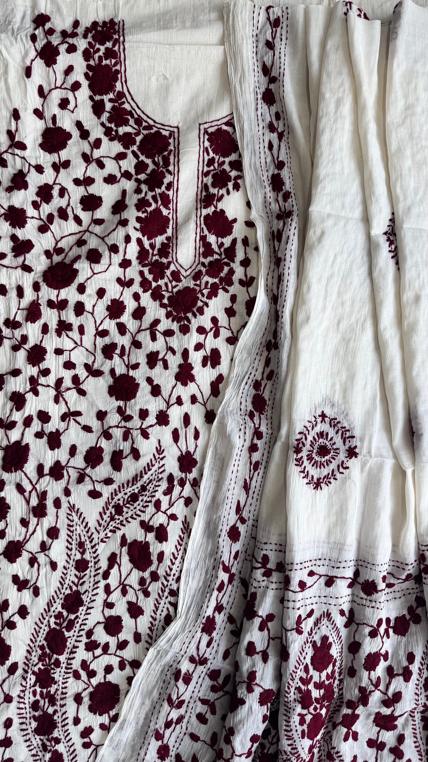 White Pure Mul Cotton 3-Piece Unstitched Suit Set with Maroon Kantha Embroidery