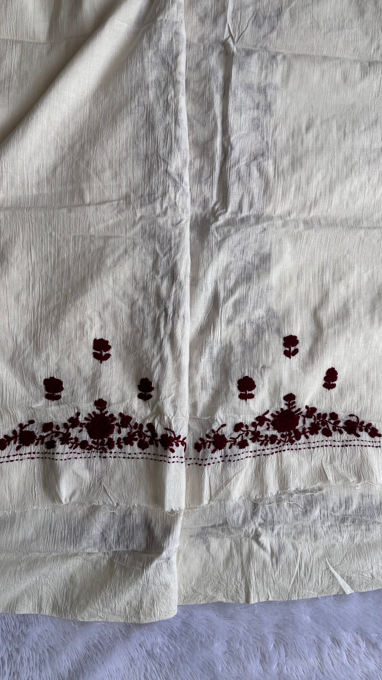 White Pure Mul Cotton 3-Piece Unstitched Suit Set with Maroon Kantha Embroidery