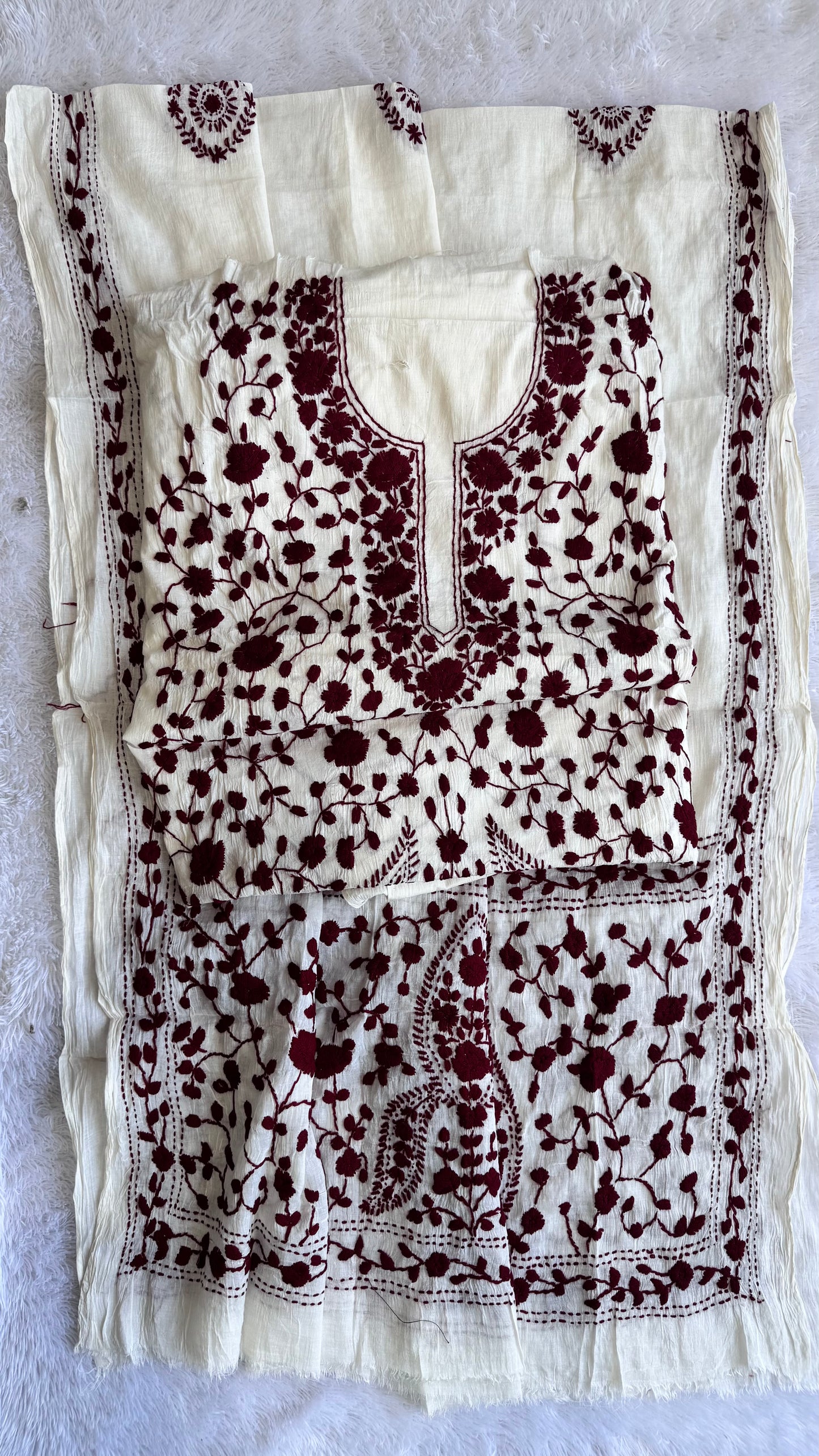 White Pure Mul Cotton 3-Piece Unstitched Suit Set with Maroon Kantha Embroidery