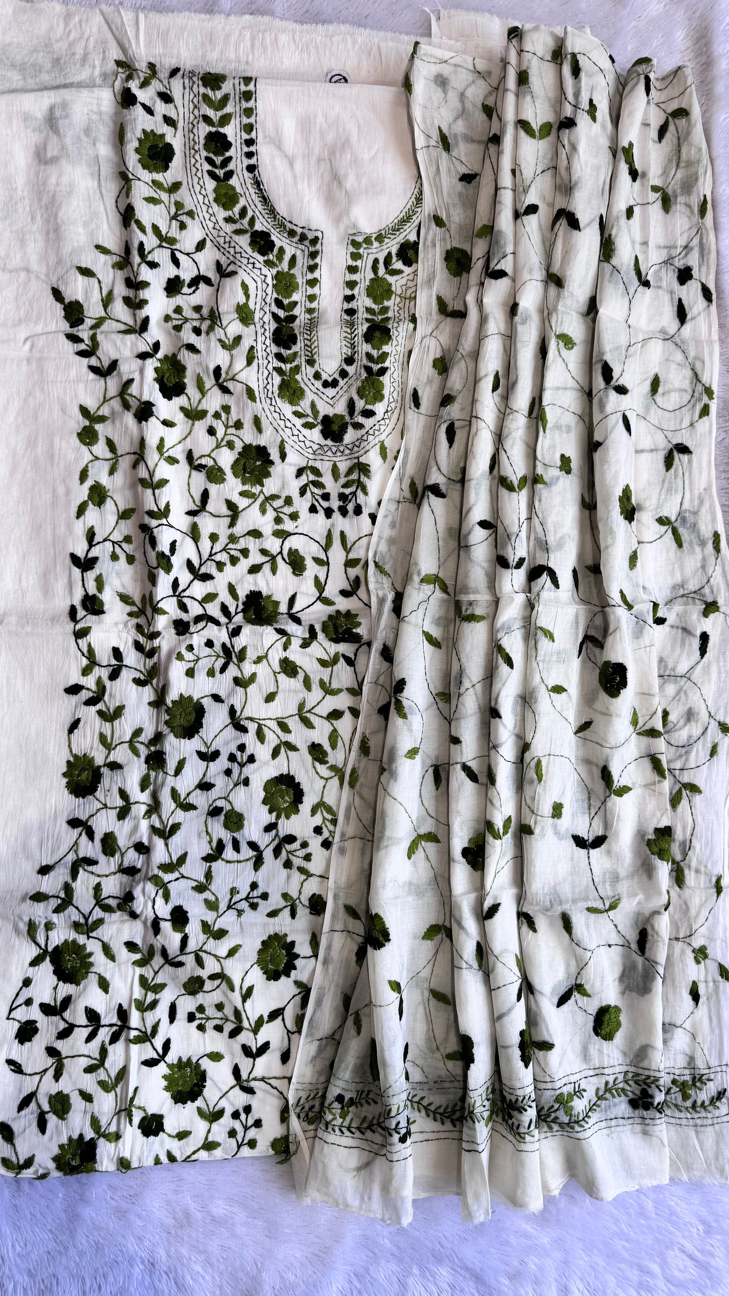 White Pure Mul Cotton 3-Piece Unstitched Suit Set with Green Kantha Embroidery