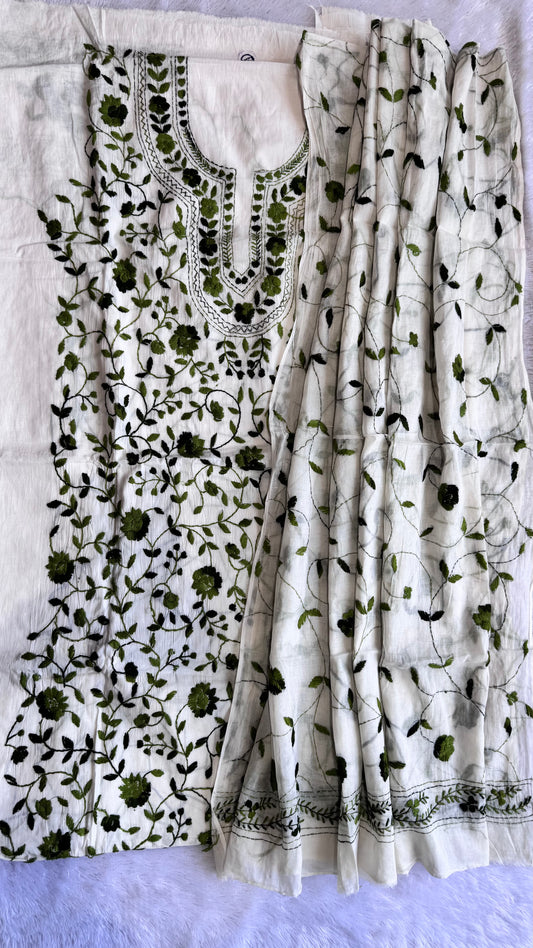 White Pure Mul Cotton 3-Piece Unstitched Suit Set with Green Kantha Embroidery
