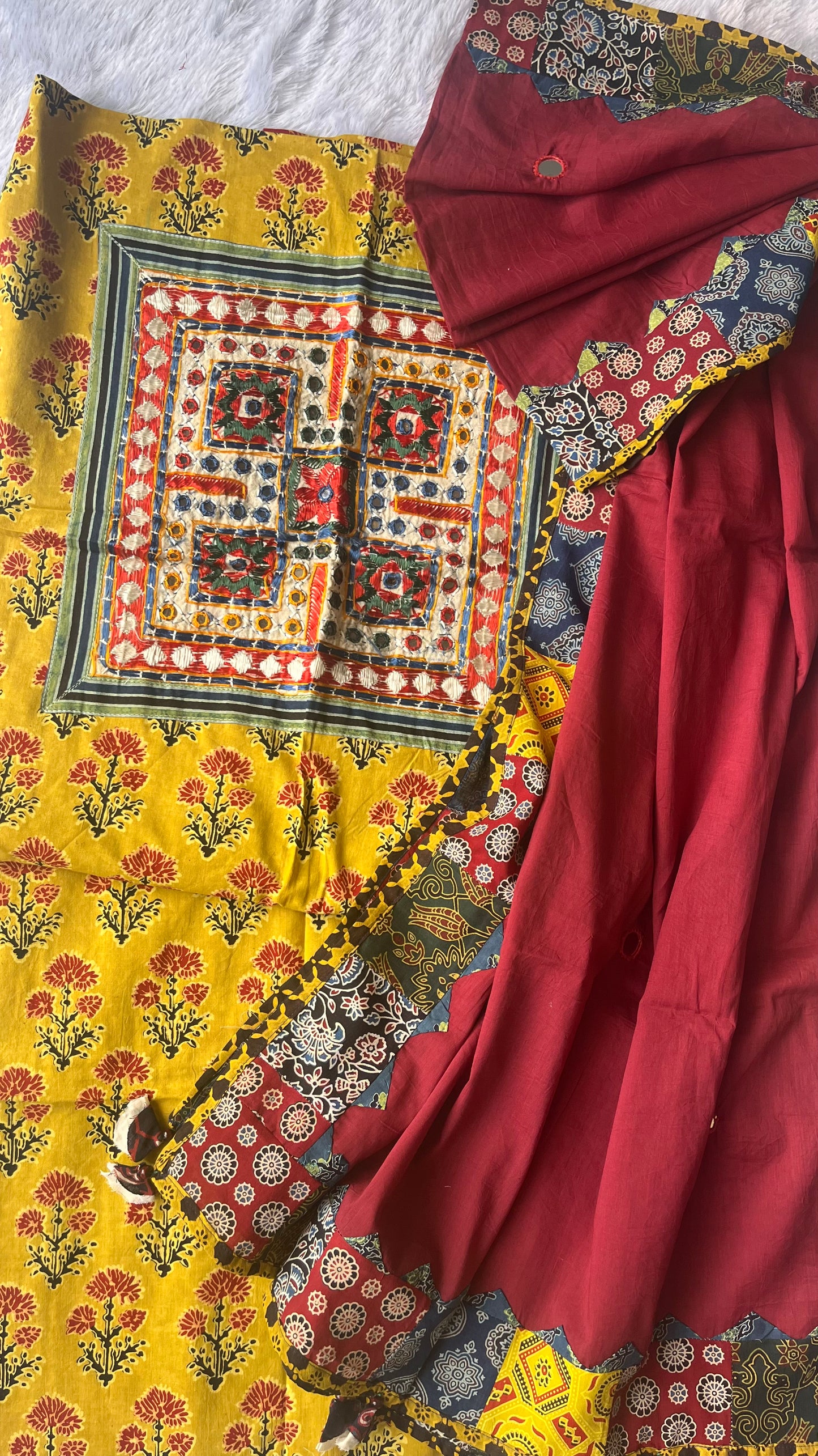 Yellow and Maroon Ajrakh Unstitched Suit Set with Multicolour Ajrakh Applique Patchwork Cotton Dupatta