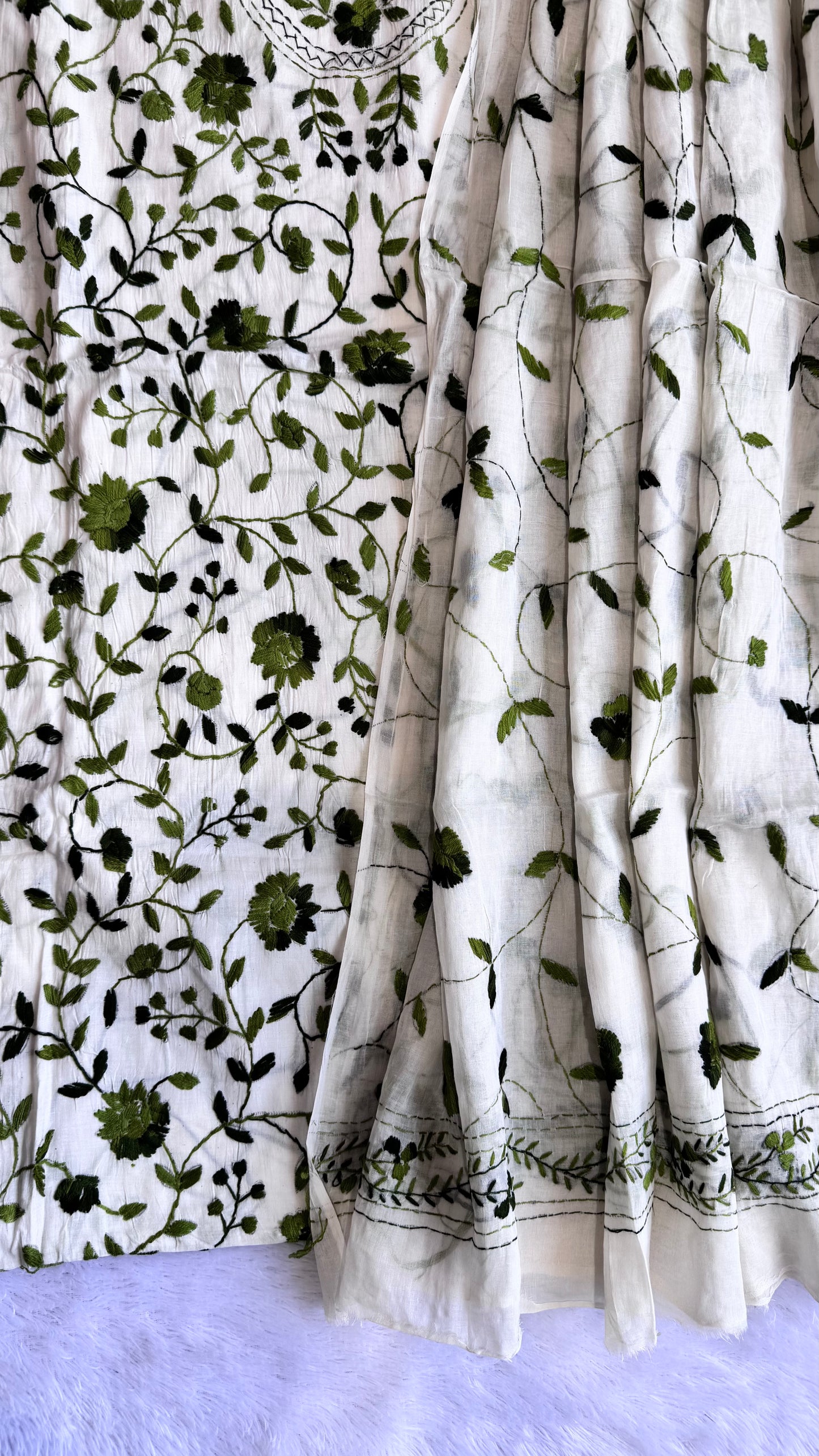 White Pure Mul Cotton 3-Piece Unstitched Suit Set with Green Kantha Embroidery