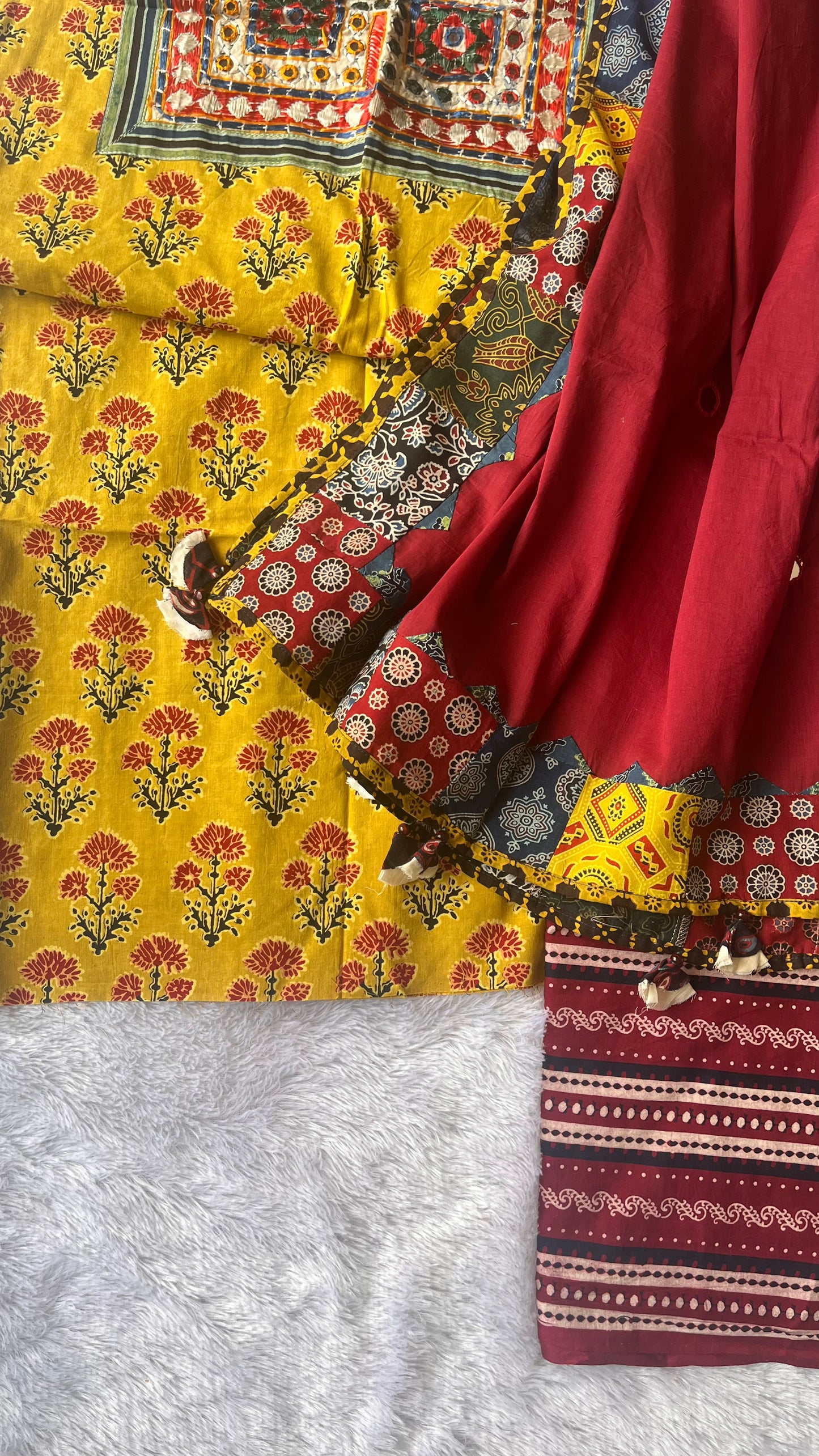 Yellow and Maroon Ajrakh Unstitched Suit Set with Multicolour Ajrakh Applique Patchwork Cotton Dupatta