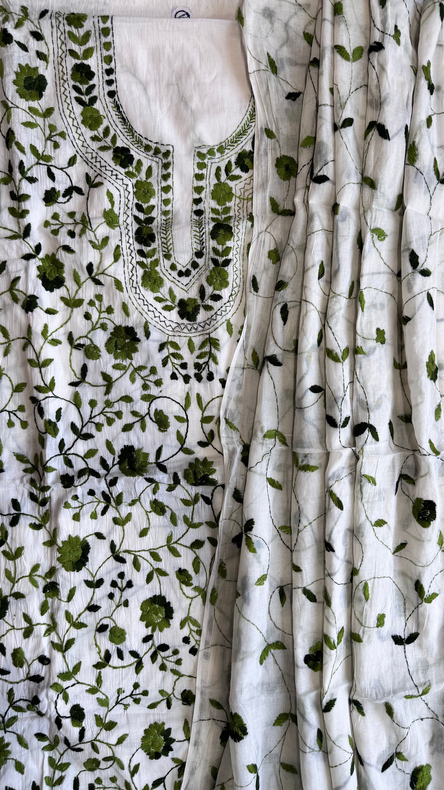 White Pure Mul Cotton 3-Piece Unstitched Suit Set with Green Kantha Embroidery