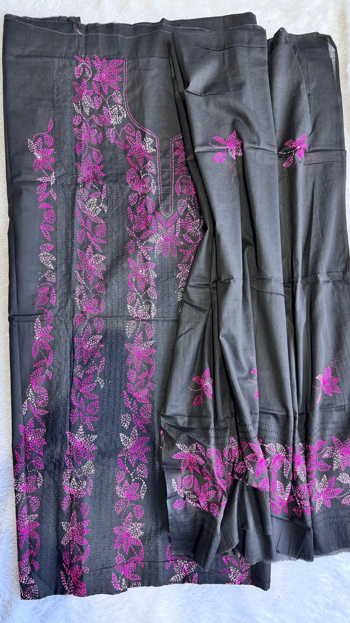 Black Pure Mul Cotton 3-Piece Unstitched Suit Set with Margenta Kantha Embroidery