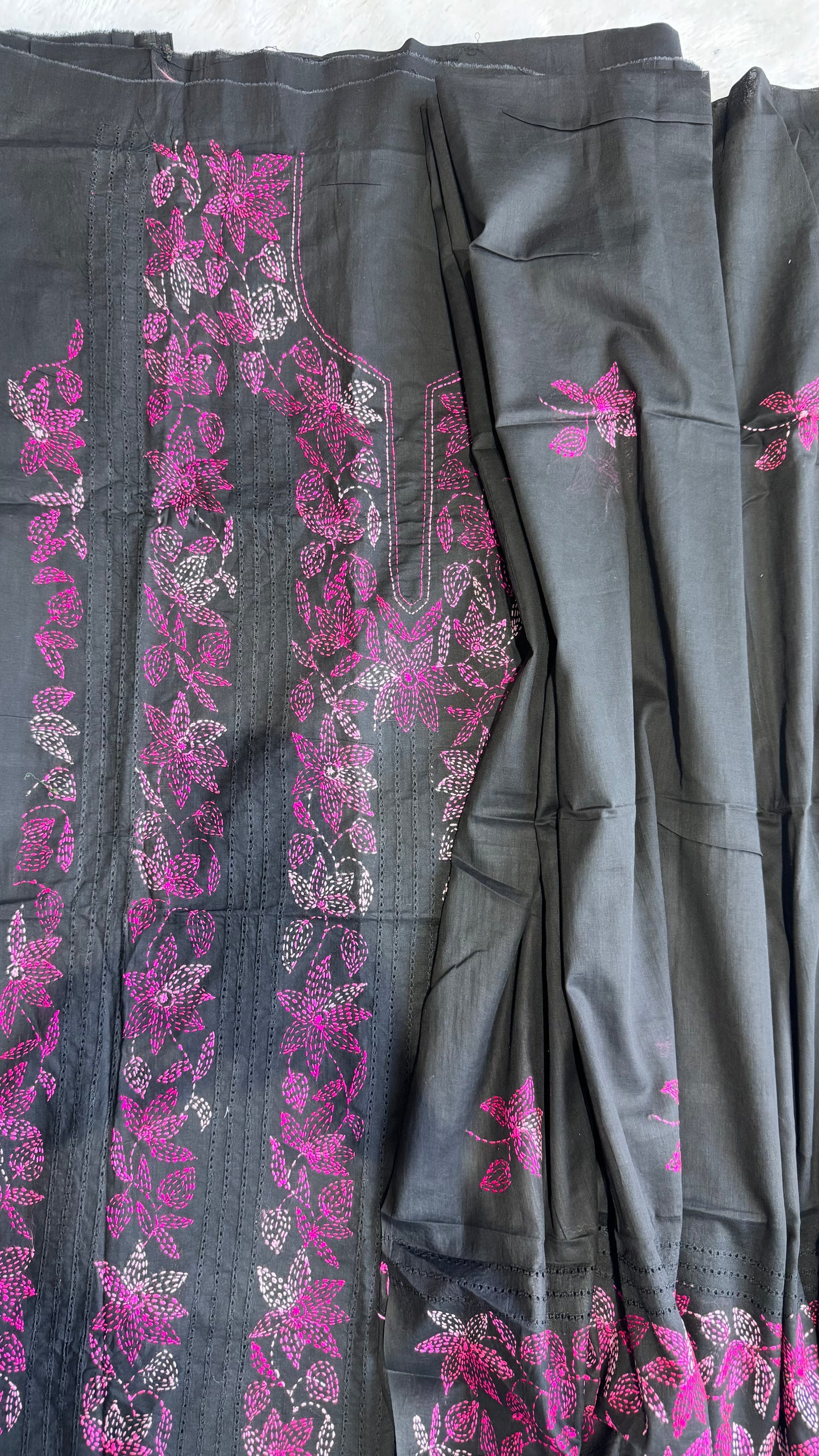 Black Pure Mul Cotton 3-Piece Unstitched Suit Set with Margenta Kantha Embroidery