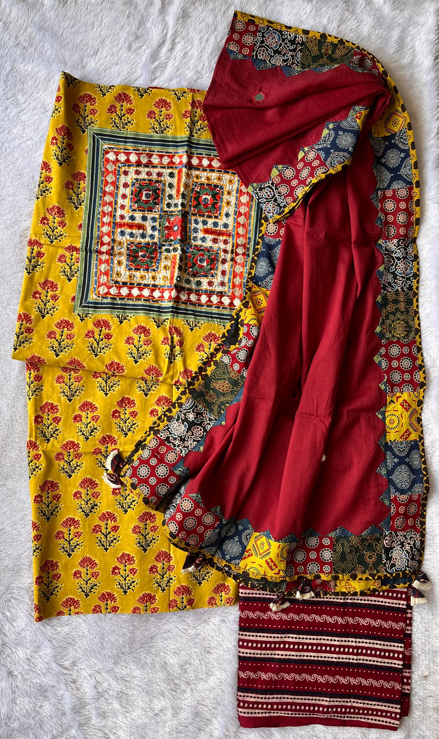 Yellow and Maroon Ajrakh Unstitched Suit Set with Multicolour Ajrakh Applique Patchwork Cotton Dupatta