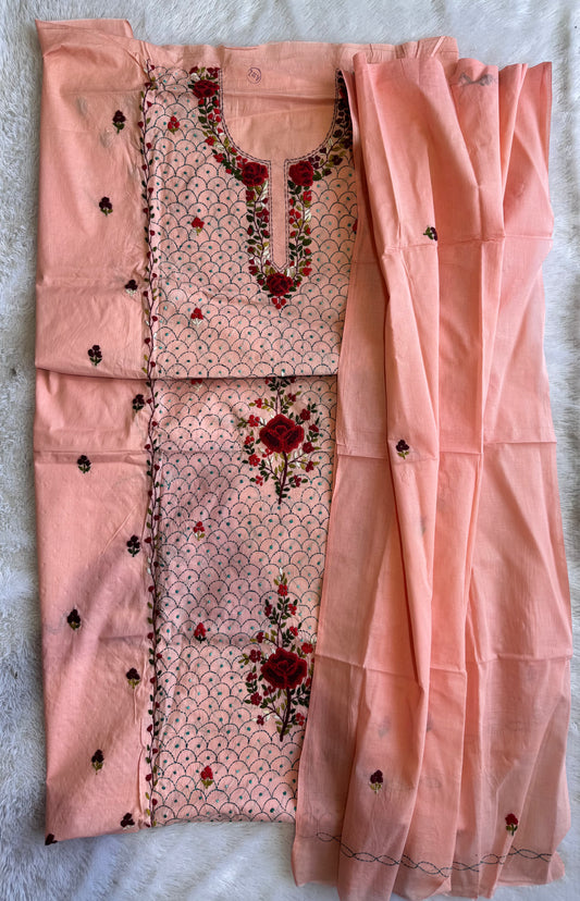 Light Gajari Pink Pure Mul Cotton 3-Piece Unstitched Suit Set with Maroon Kantha Embroidery
