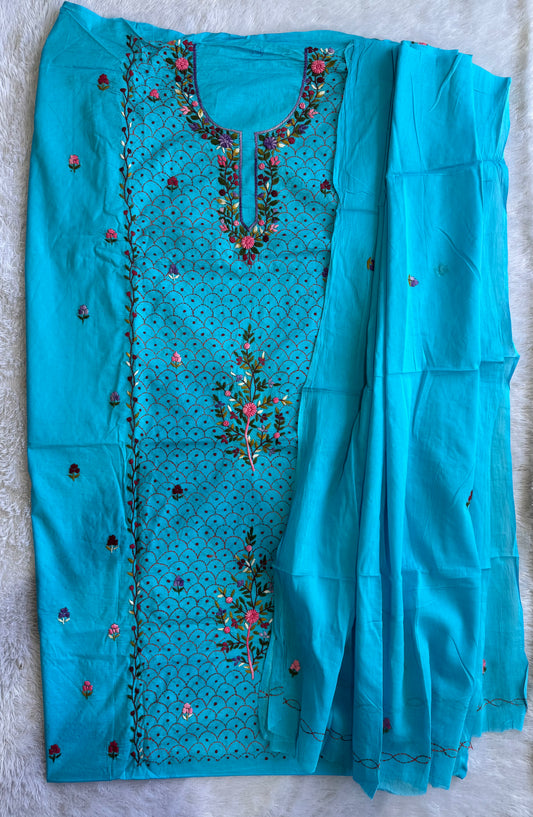 Dark Sky Blue Pure Mul Cotton 3-Piece Unstitched Suit Set with Multicolor Kantha Embroidery