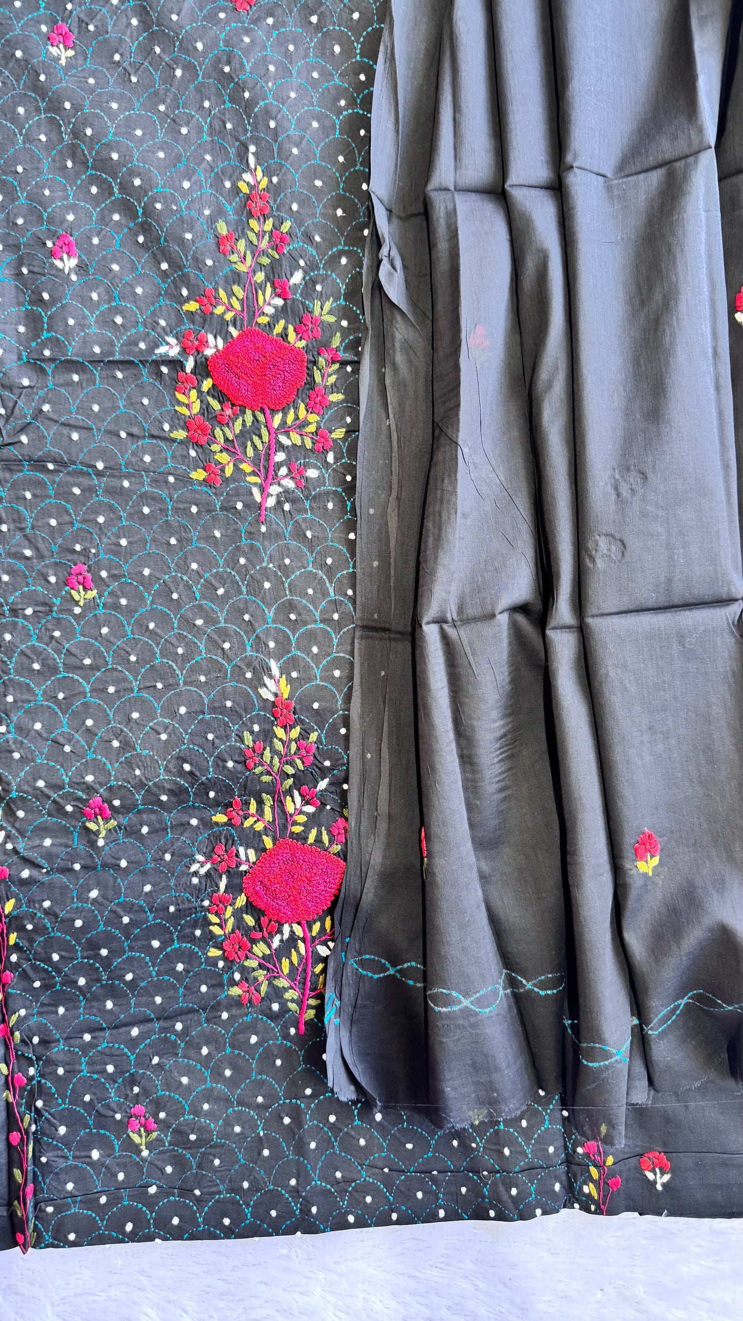 Black Pure Mul Cotton 3-Piece Unstitched Suit Set with Red Kantha Embroidery
