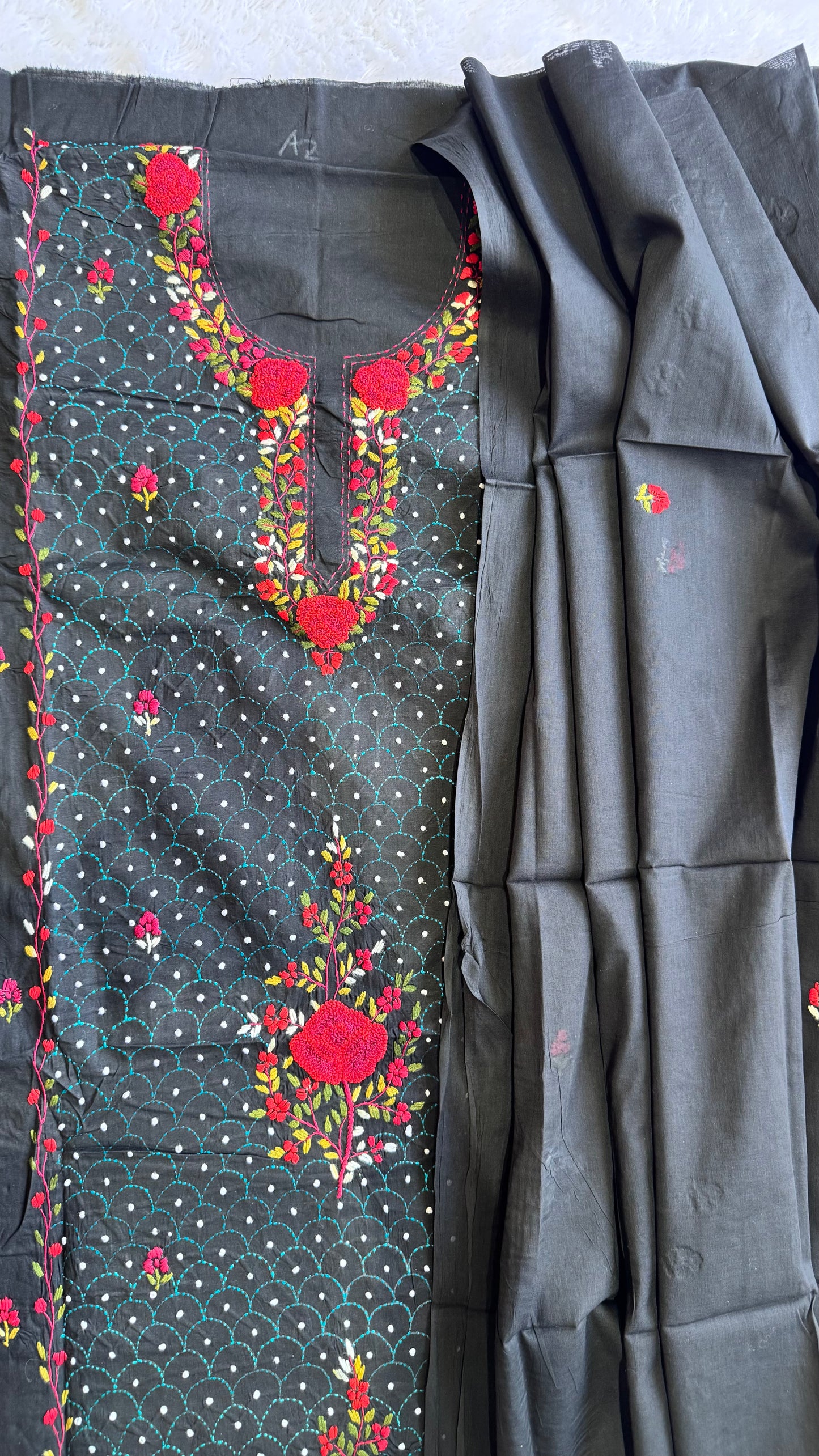 Black Pure Mul Cotton 3-Piece Unstitched Suit Set with Red Kantha Embroidery