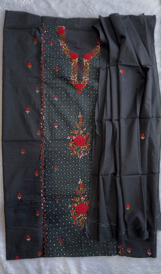 Black Pure Mul Cotton 3-Piece Unstitched Suit Set with Red Kantha Embroidery