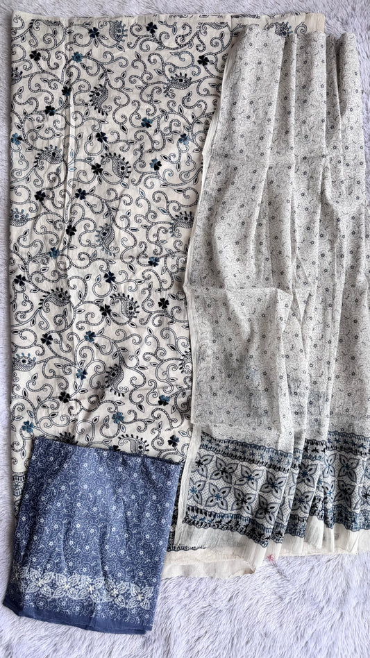 Offwhite Blue Shade Floral Jaal Kantha embroidery Unstitched Pure Cotton Suit Set with Cotton Dupatta