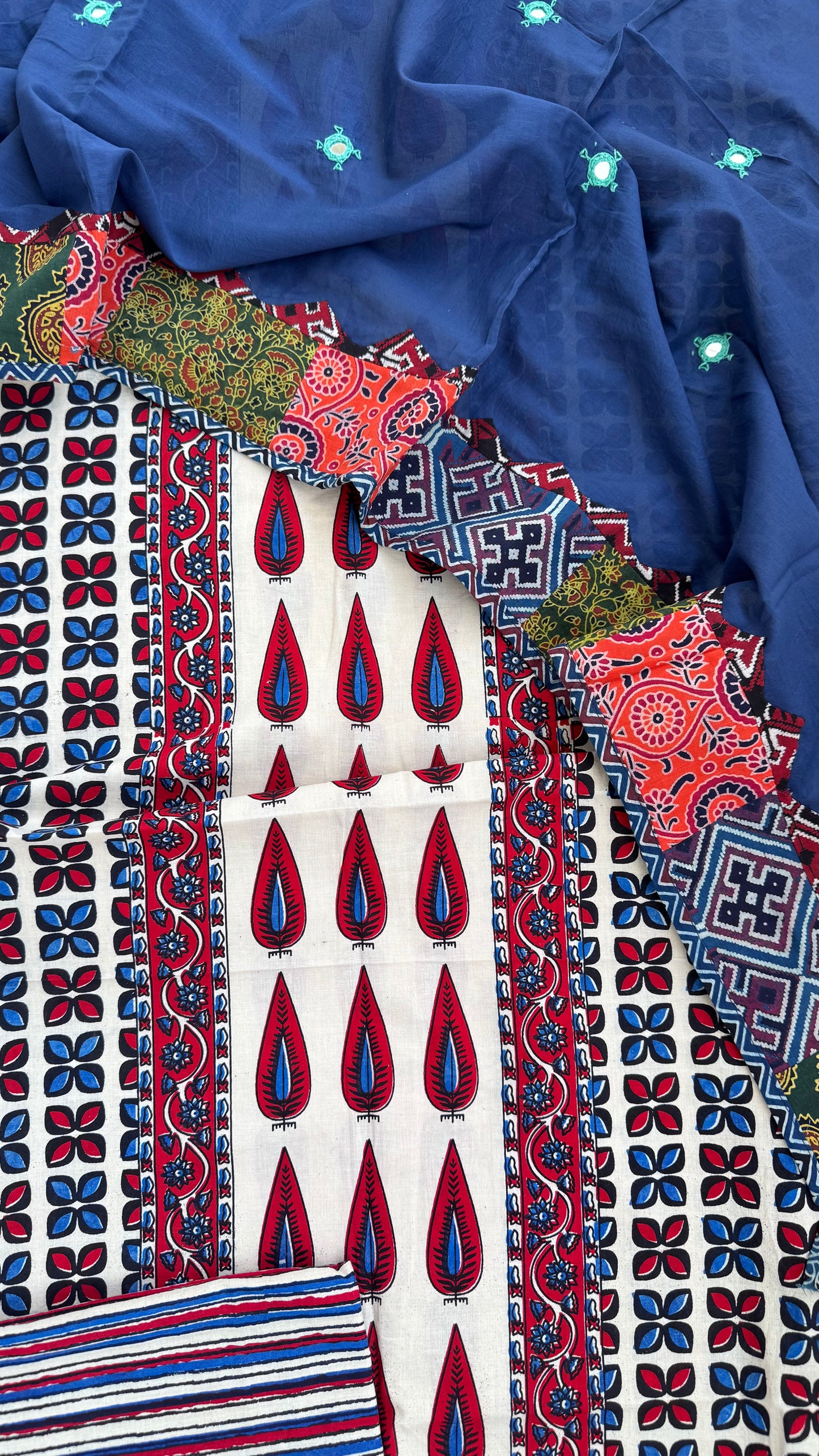 Ajrakh Off white Flower Motif Pure Cotton Suit Set with Blue Mirror Work Cotton Dupatta