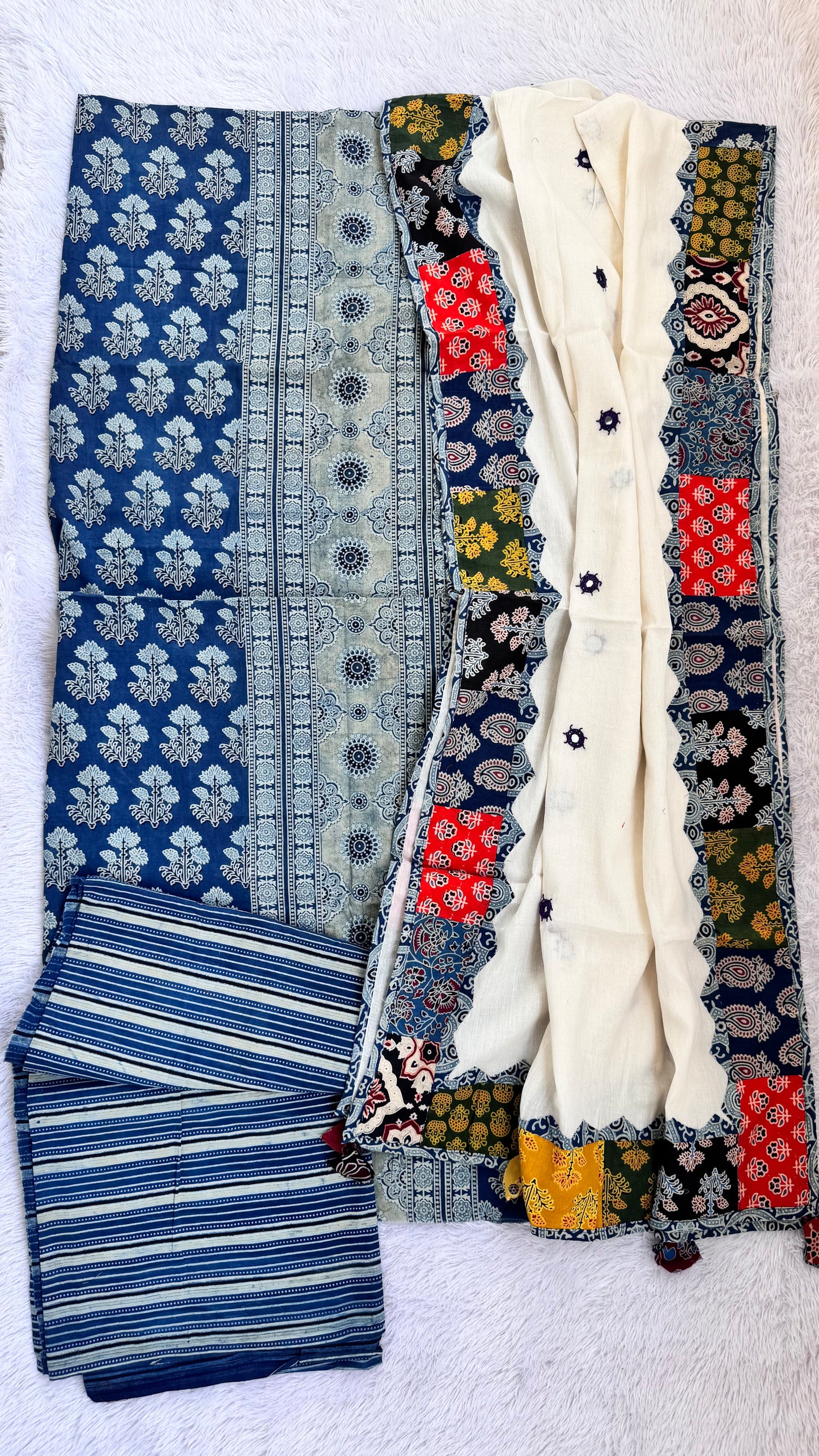 Blue Ajrakh Pure Cotton Suit Set with Floral Motif and Applique Cotton Dupatta