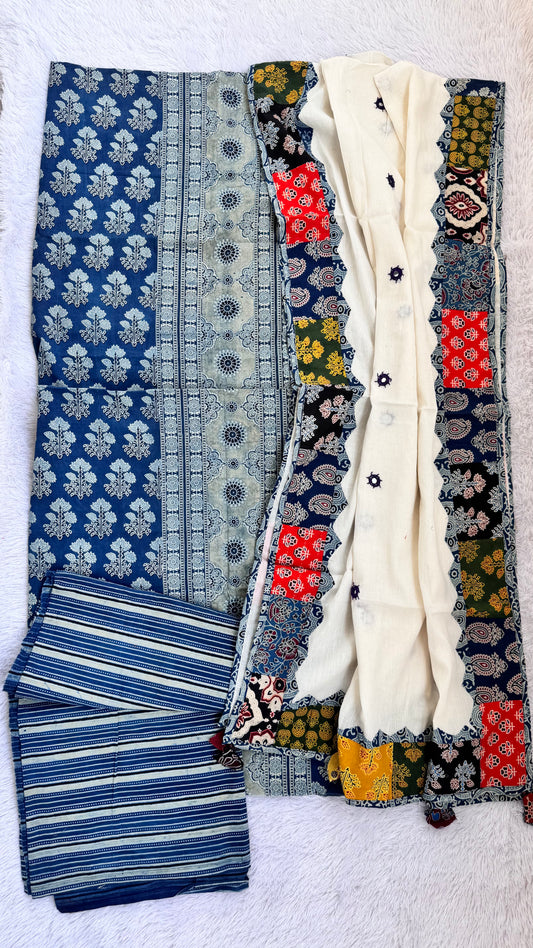 Blue Ajrakh Pure Cotton Suit Set with Floral Motif and Applique Cotton Dupatta