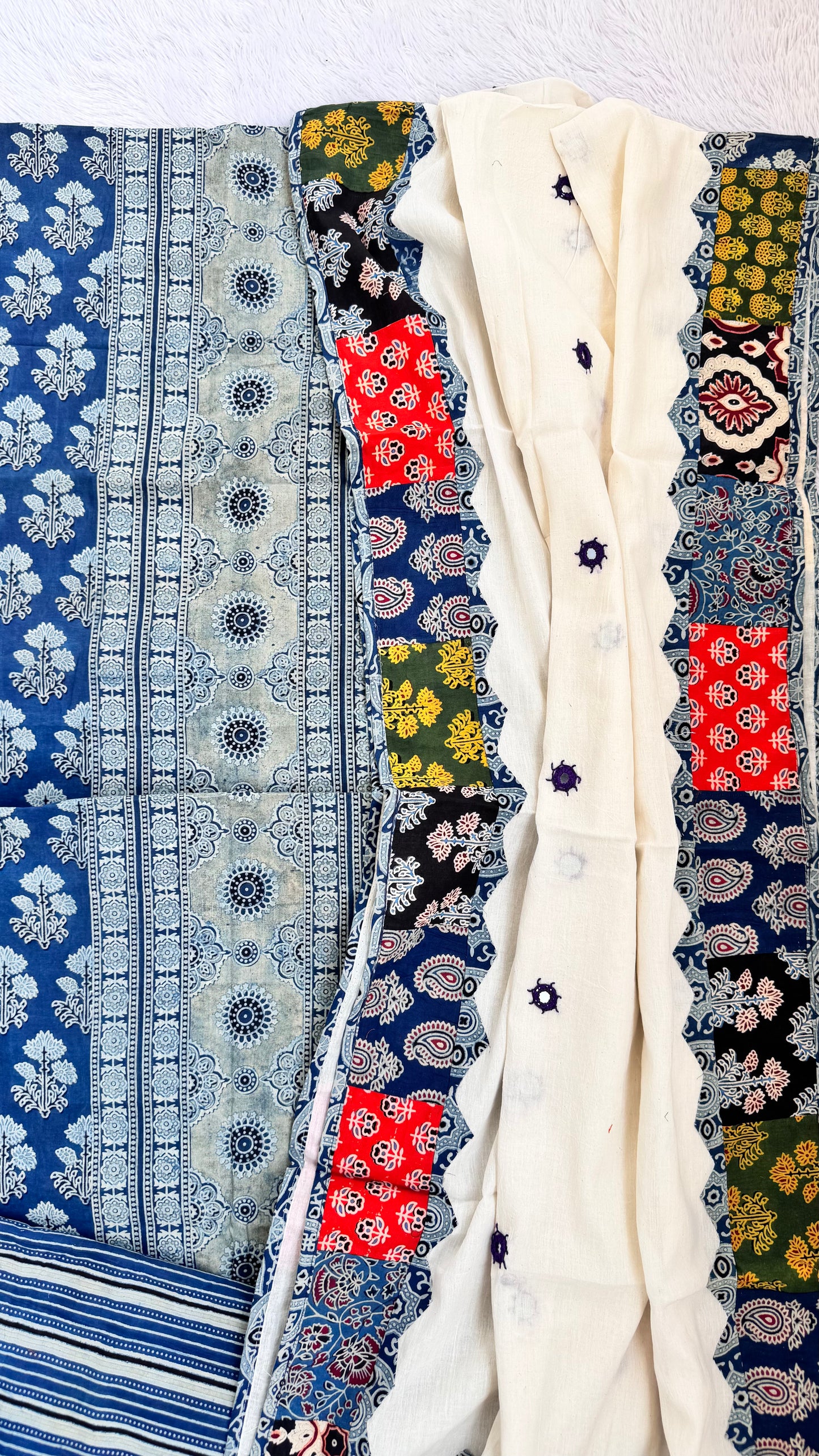 Blue Ajrakh Pure Cotton Suit Set with Floral Motif and Applique Cotton Dupatta