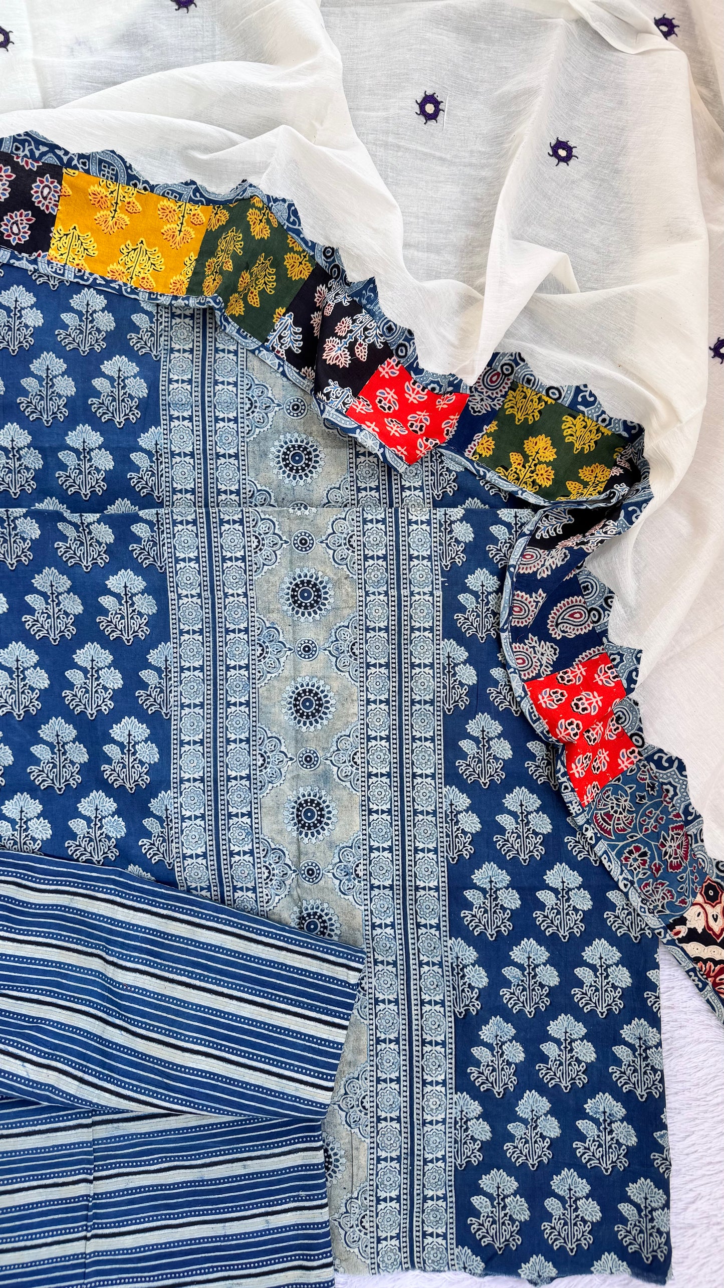 Blue Ajrakh Pure Cotton Suit Set with Floral Motif and Applique Cotton Dupatta