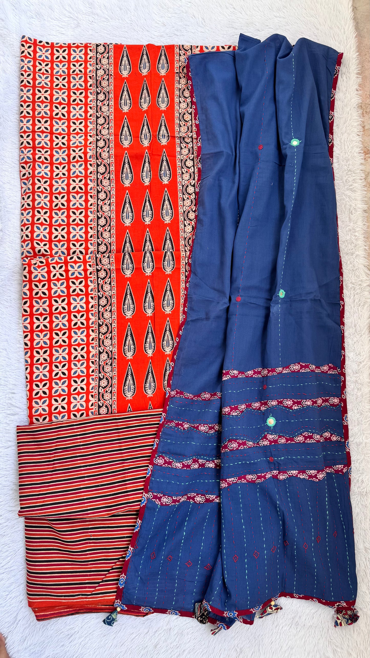 Flaming Orange Handblocked Ajrakh Handloom Cotton Dress Material with Blue Applique Cut work Cotton Dupatta