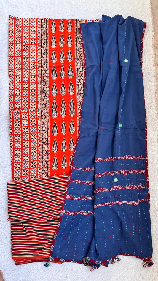 Flaming Orange Handblocked Ajrakh Handloom Cotton Dress Material with Blue Applique Cut work Cotton Dupatta