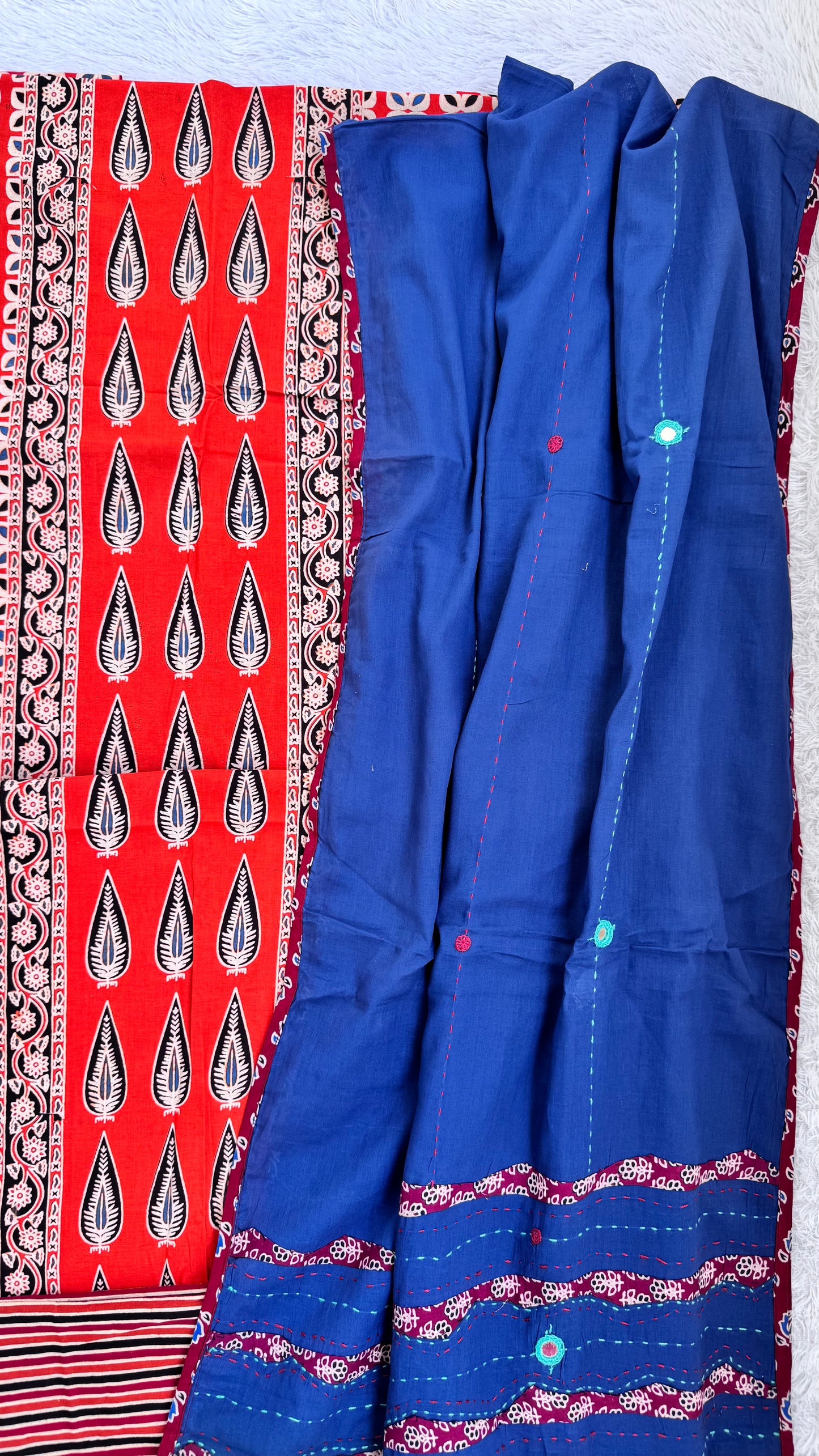 Flaming Orange Handblocked Ajrakh Handloom Cotton Dress Material with Blue Applique Cut work Cotton Dupatta