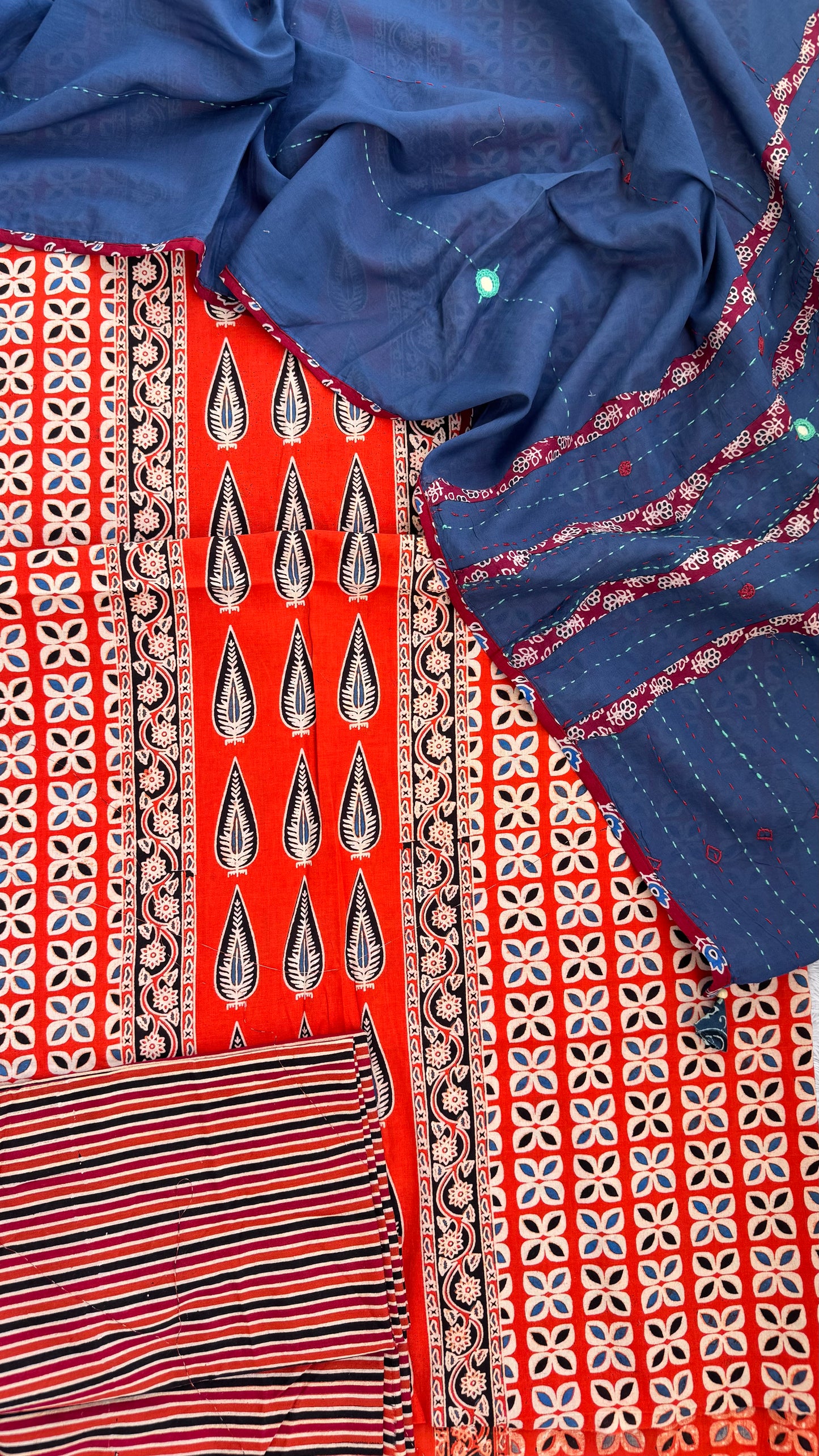 Flaming Orange Handblocked Ajrakh Handloom Cotton Dress Material with Blue Applique Cut work Cotton Dupatta