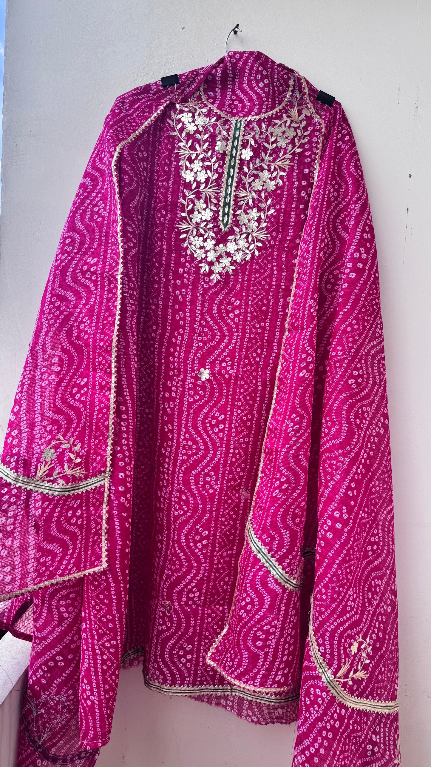 Rani Pink Lehariya Kota-Doria 3 Piece Suit Set with Gota Patti work and Kota Doria Dupatta