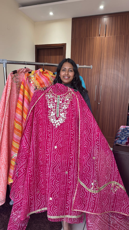 Rani Pink Lehariya Kota-Doria 3 Piece Suit Set with Gota Patti work and Kota Doria Dupatta